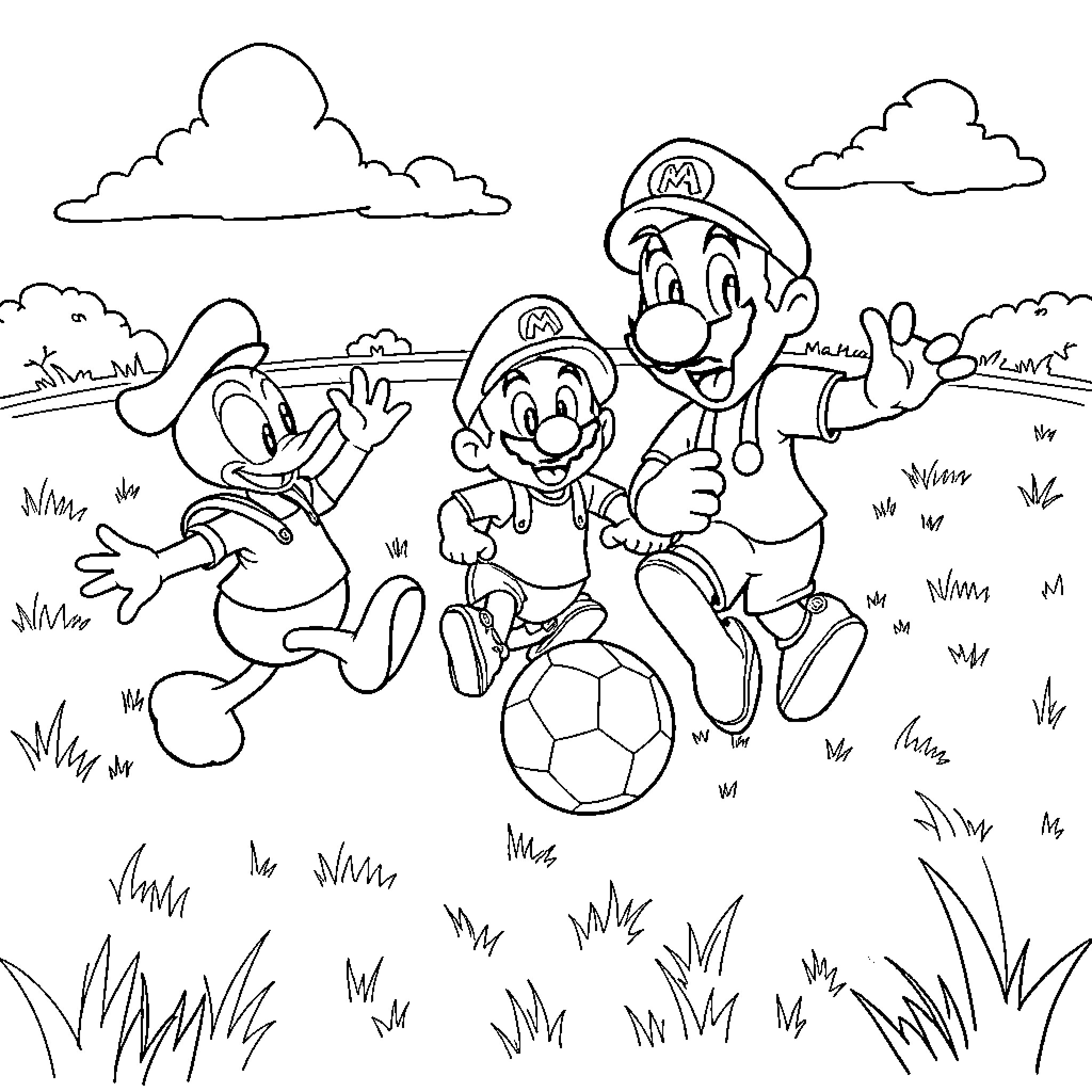 Characters playing soccer together in a grassy field Coloring Page (free black-and-white line drawing printable PDF for all, from beginners to advanced learners, including children, teens, adults, and seniors)
