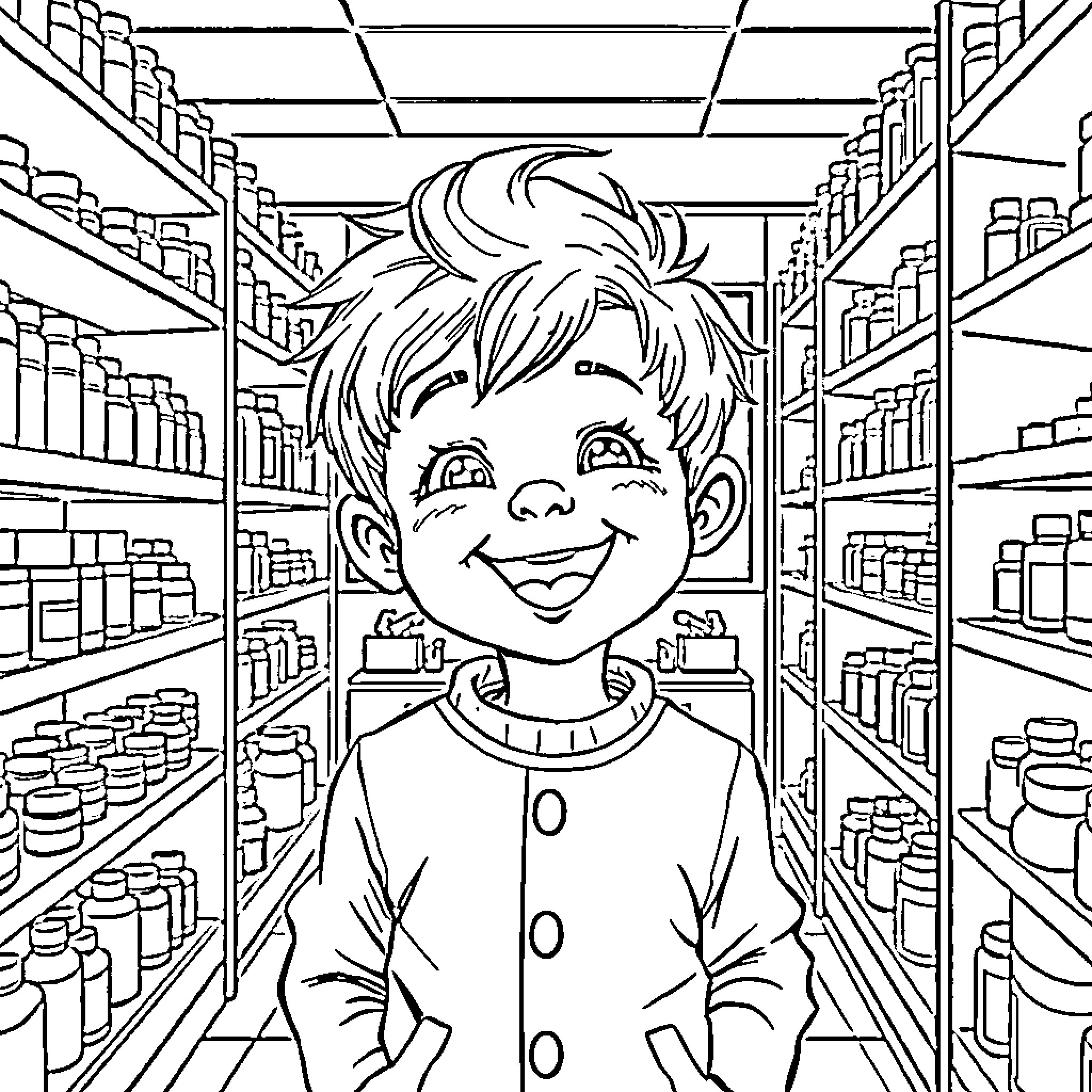 Enfant exploring the grocery store shelves Coloring Page (free black-and-white line drawing printable PDF for all, from beginners to advanced learners, including children, teens, adults, and seniors)