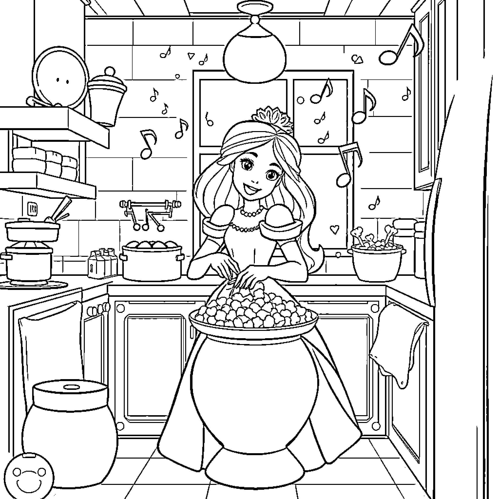 Princess Baking Treats in the Kitchen Coloring Page (free black-and-white line drawing printable PDF for all, from beginners to advanced learners, including children, teens, adults, and seniors)