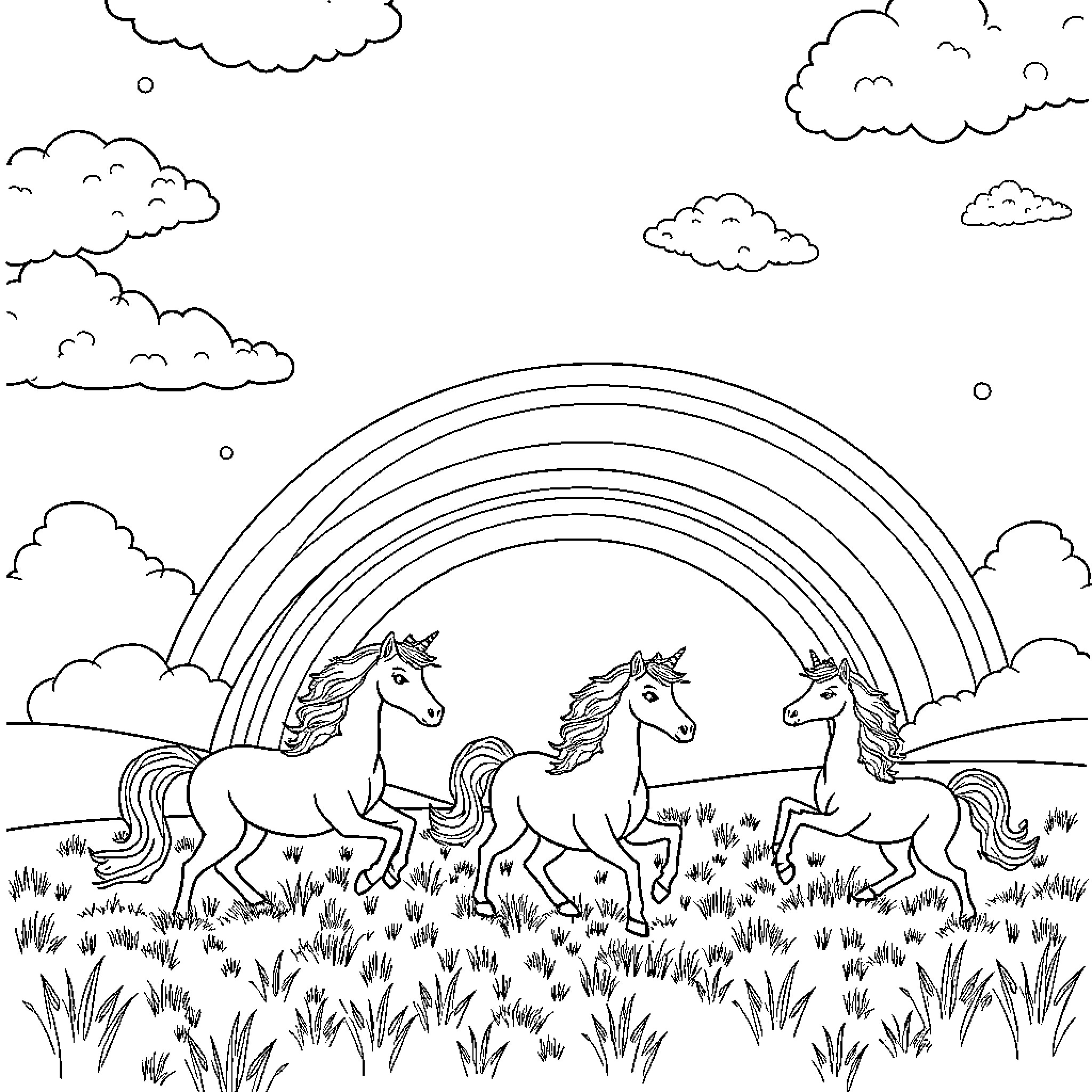 Unicorn Trio Frolicking in a Meadow Coloring Page (free black-and-white line drawing printable PDF for all, from beginners to advanced learners, including children, teens, adults, and seniors)