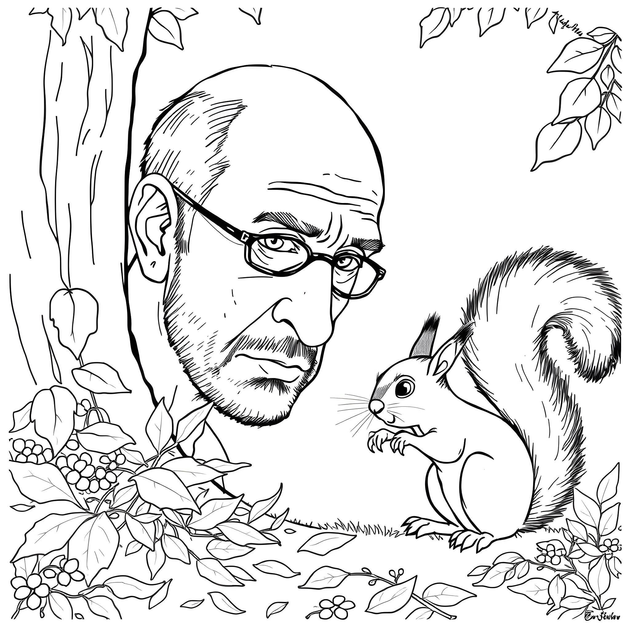 Stanley Tuchi observing a curious squirrel in the forest Coloring Page (free black-and-white line drawing printable PDF for all, from beginners to advanced learners, including children, teens, adults, and seniors)