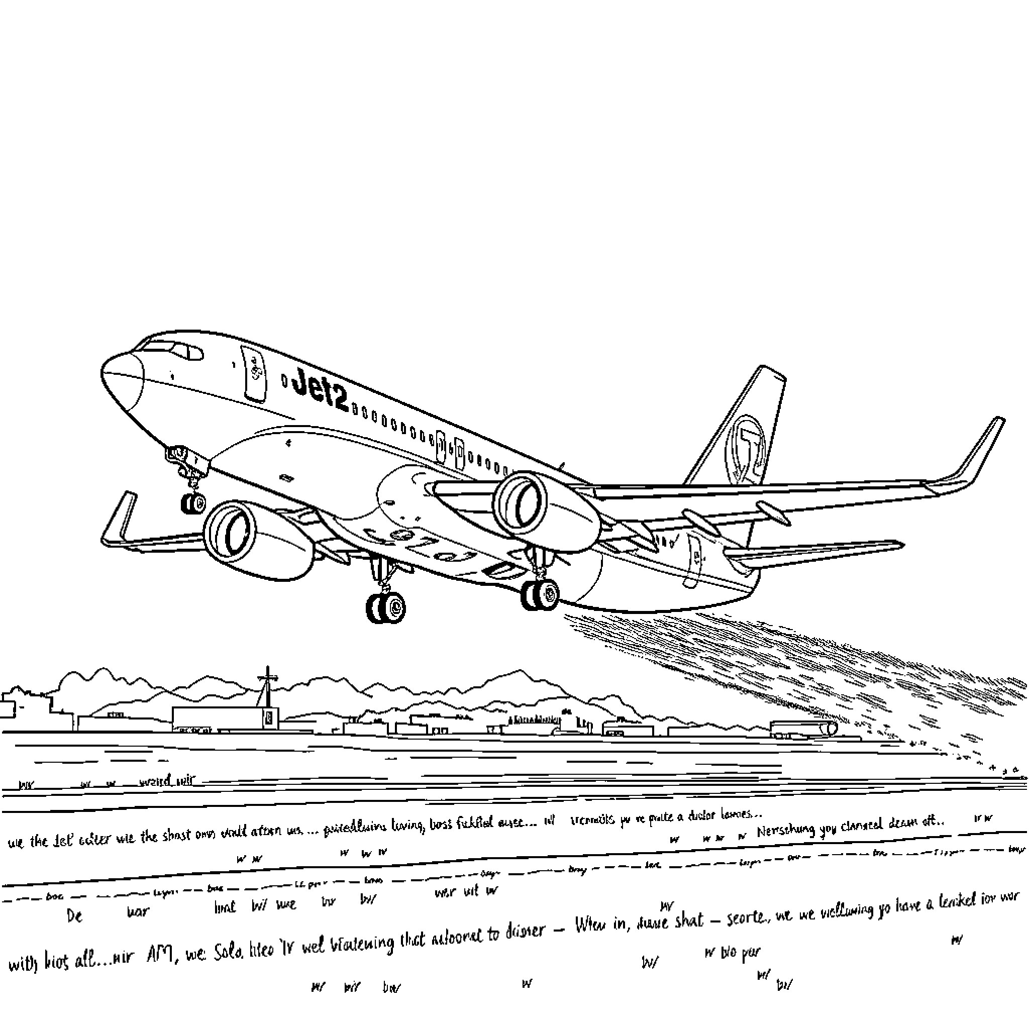 Jet aircraft taking off from runway Coloring Page (free black-and-white line drawing printable PDF for all, from beginners to advanced learners, including children, teens, adults, and seniors)