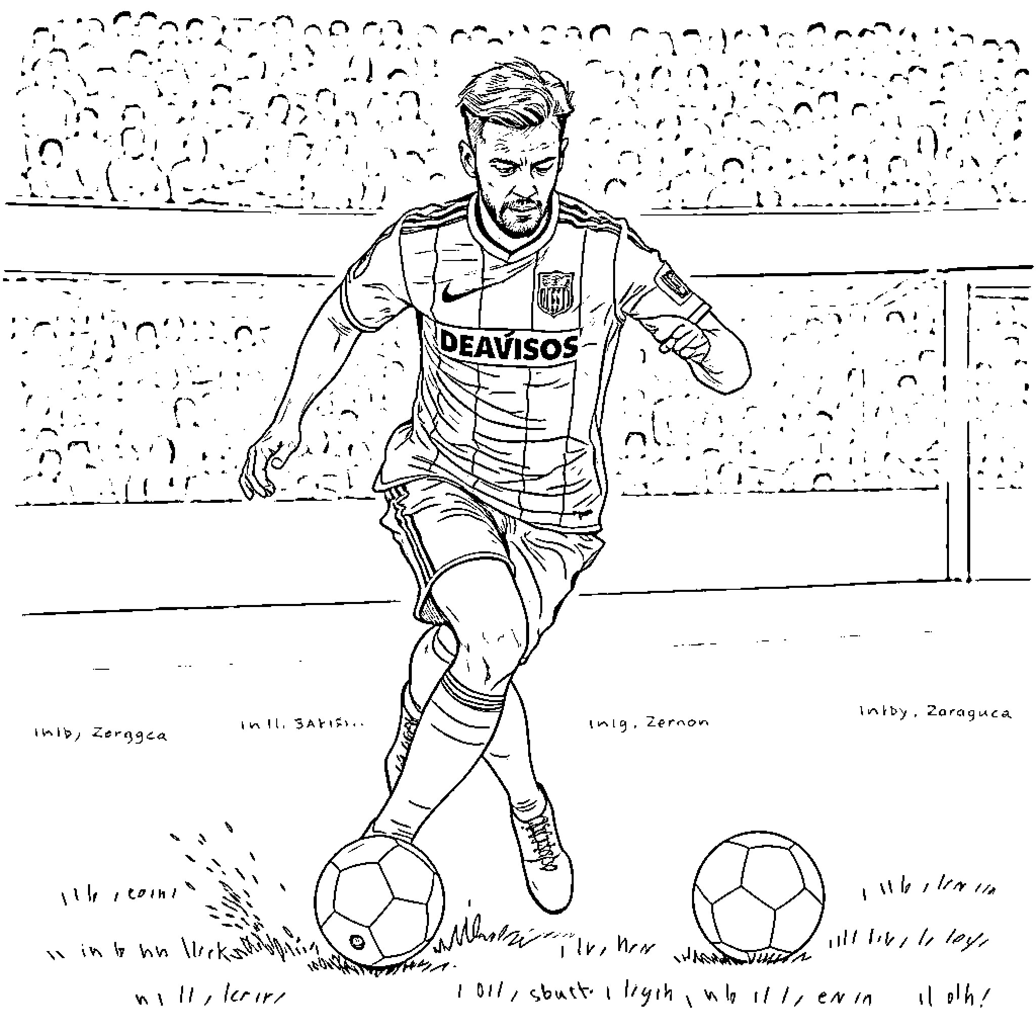 Futbolista running with ball on the field Coloring Page (free black-and-white line drawing printable PDF for all, from beginners to advanced learners, including children, teens, adults, and seniors)