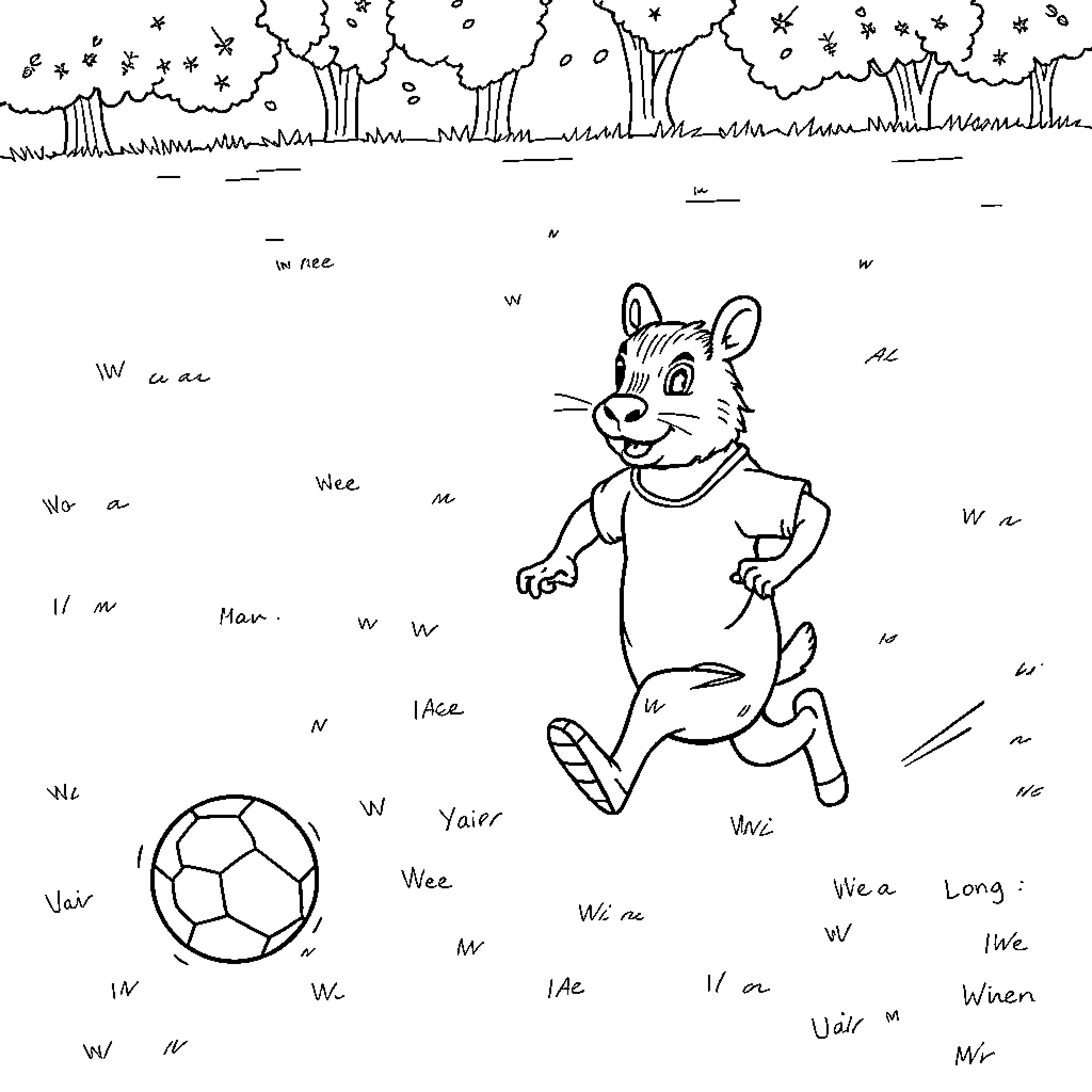 Capybara playing soccer in the park Coloring Page (free black-and-white line drawing printable PDF for all, from beginners to advanced learners, including children, teens, adults, and seniors)