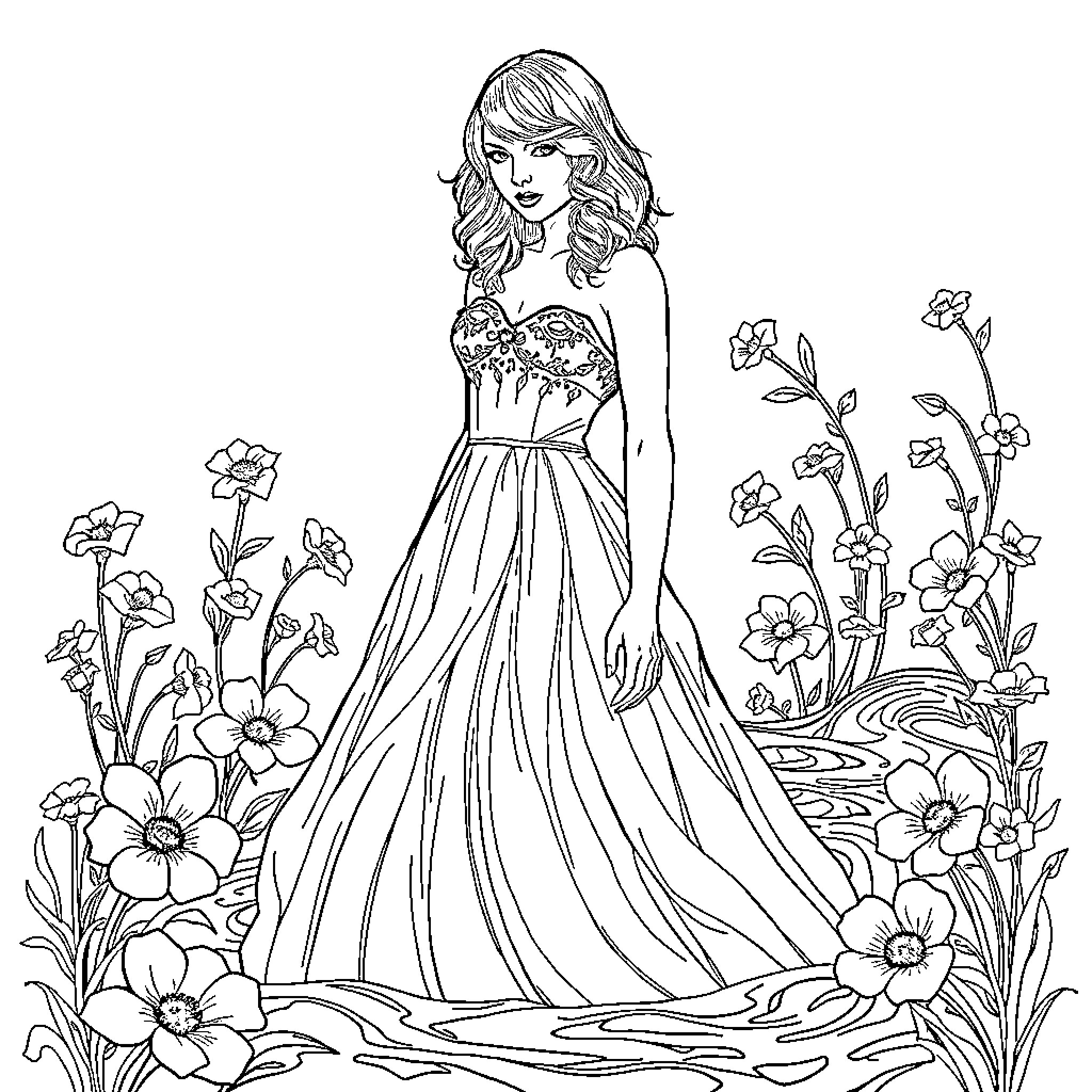 Taylor Swift posing elegantly in a floral dress Coloring Page (free black-and-white line drawing printable PDF for all, from beginners to advanced learners, including children, teens, adults, and seniors)