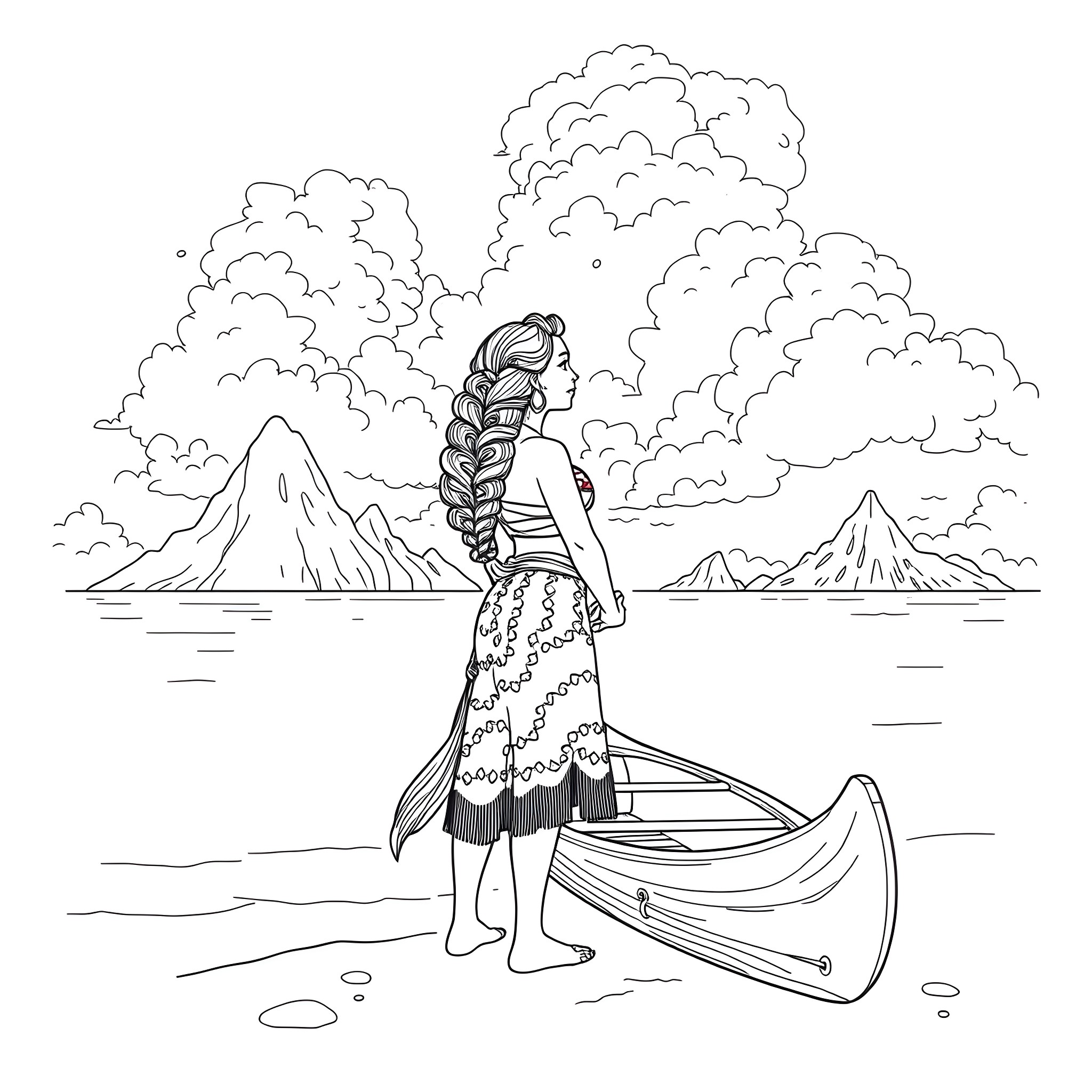 Moana standing beside her canoe on the shore Coloring Page (free black-and-white line drawing printable PDF for all, from beginners to advanced learners, including children, teens, adults, and seniors)