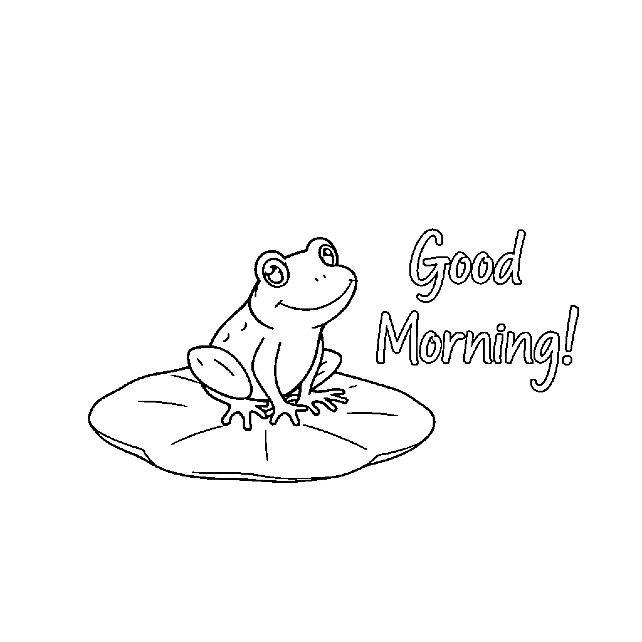 Frog saying Good Morning on lily pad Coloring Page (free black-and-white line drawing printable PDF for all, from beginners to advanced learners, including children, teens, adults, and seniors)