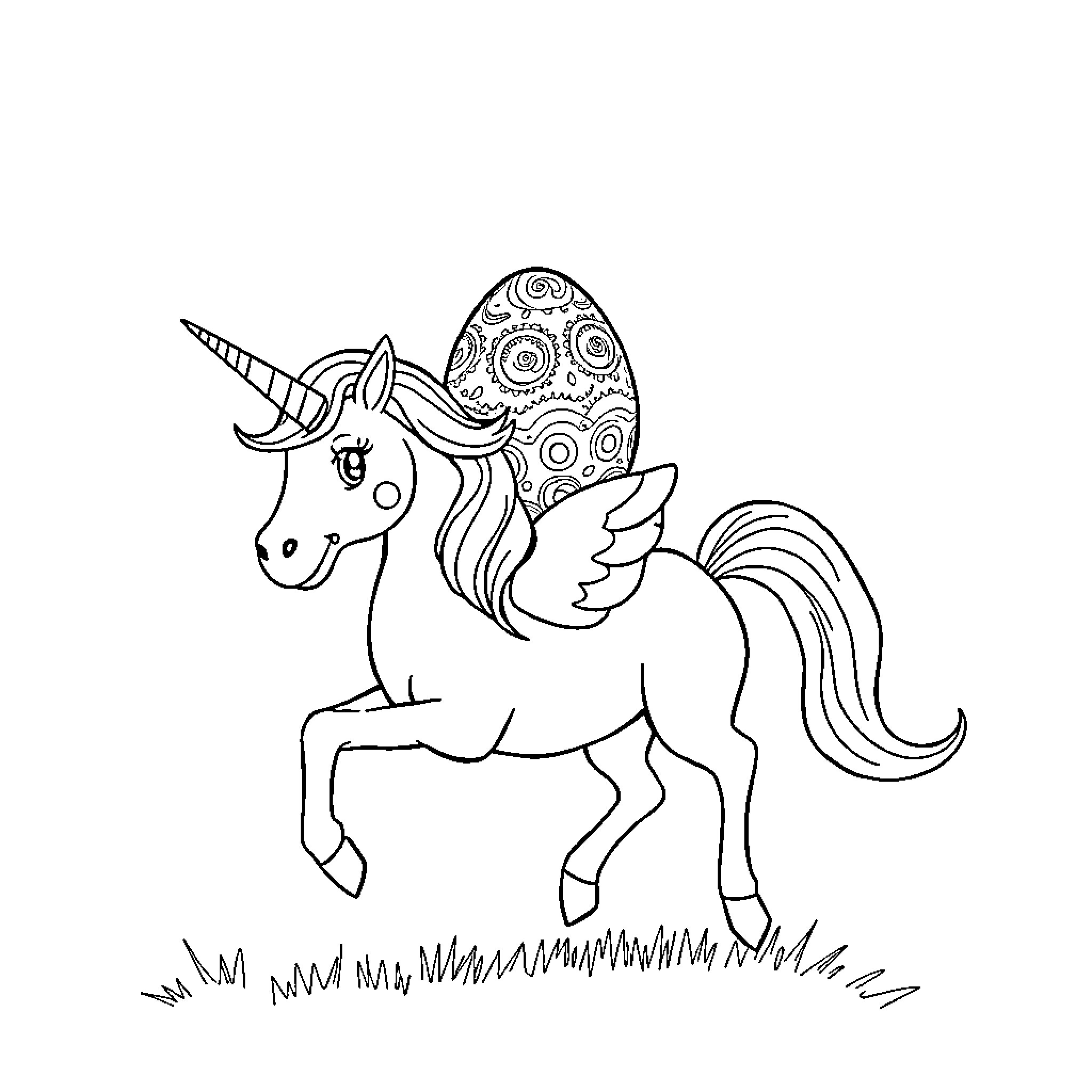 Egg-shaped unicorn frolicking in field Coloring Page (free black-and-white line drawing printable PDF for all, from beginners to advanced learners, including children, teens, adults, and seniors)