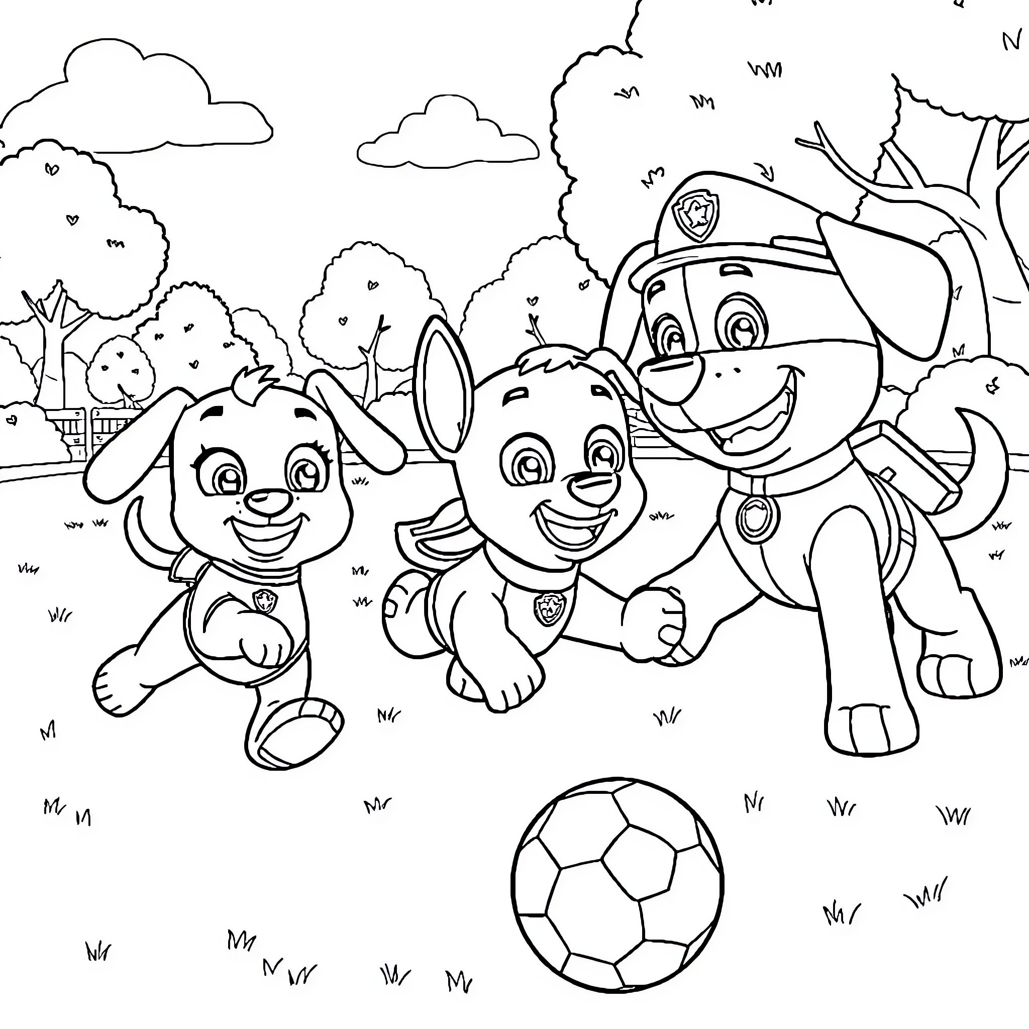 Dog puppies playing with soccer ball in park Coloring Page (free black-and-white line drawing printable PDF for all, from beginners to advanced learners, including children, teens, adults, and seniors)