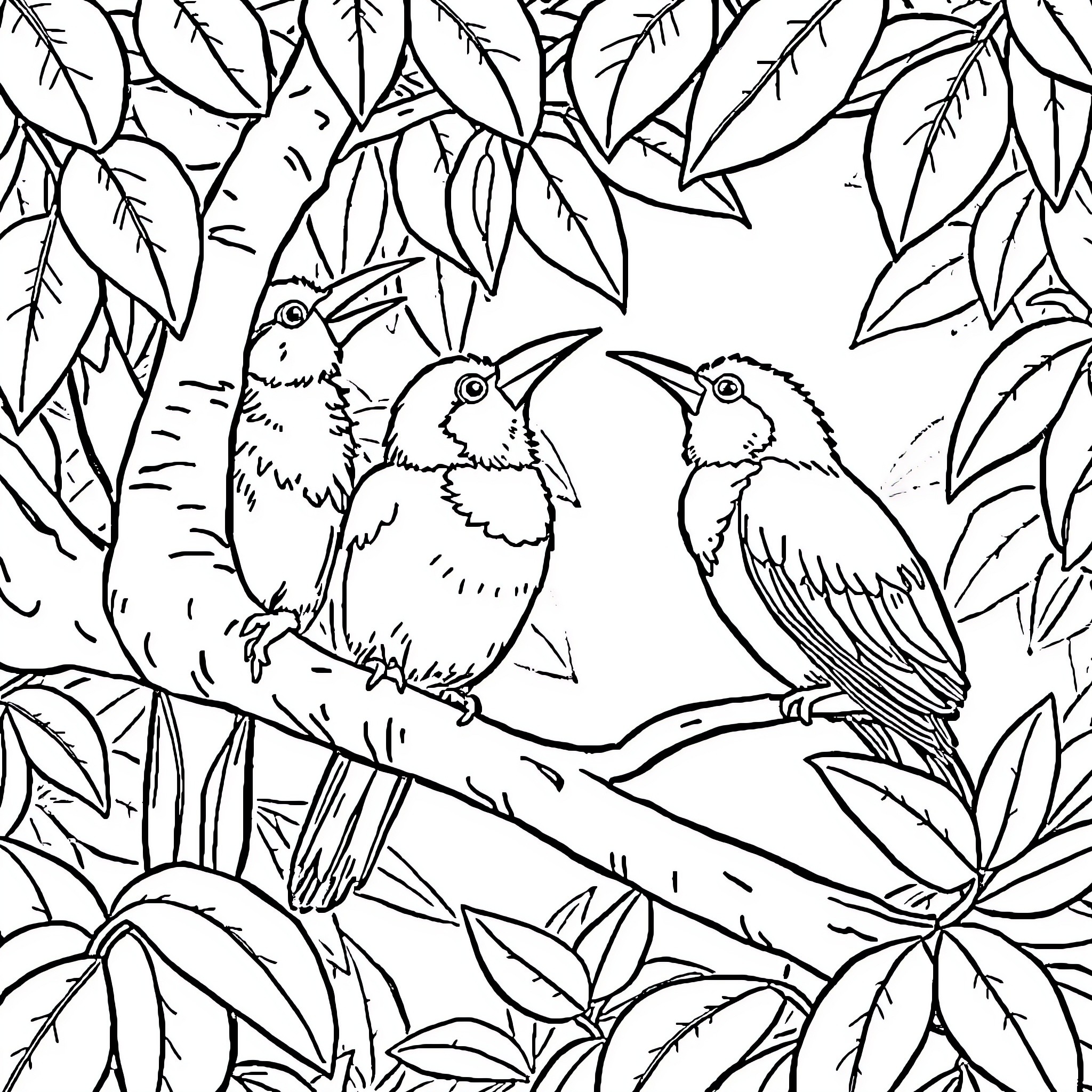 Bird trio in a leafy forest Coloring Page (free black-and-white line drawing printable PDF for all, from beginners to advanced learners, including children, teens, adults, and seniors)