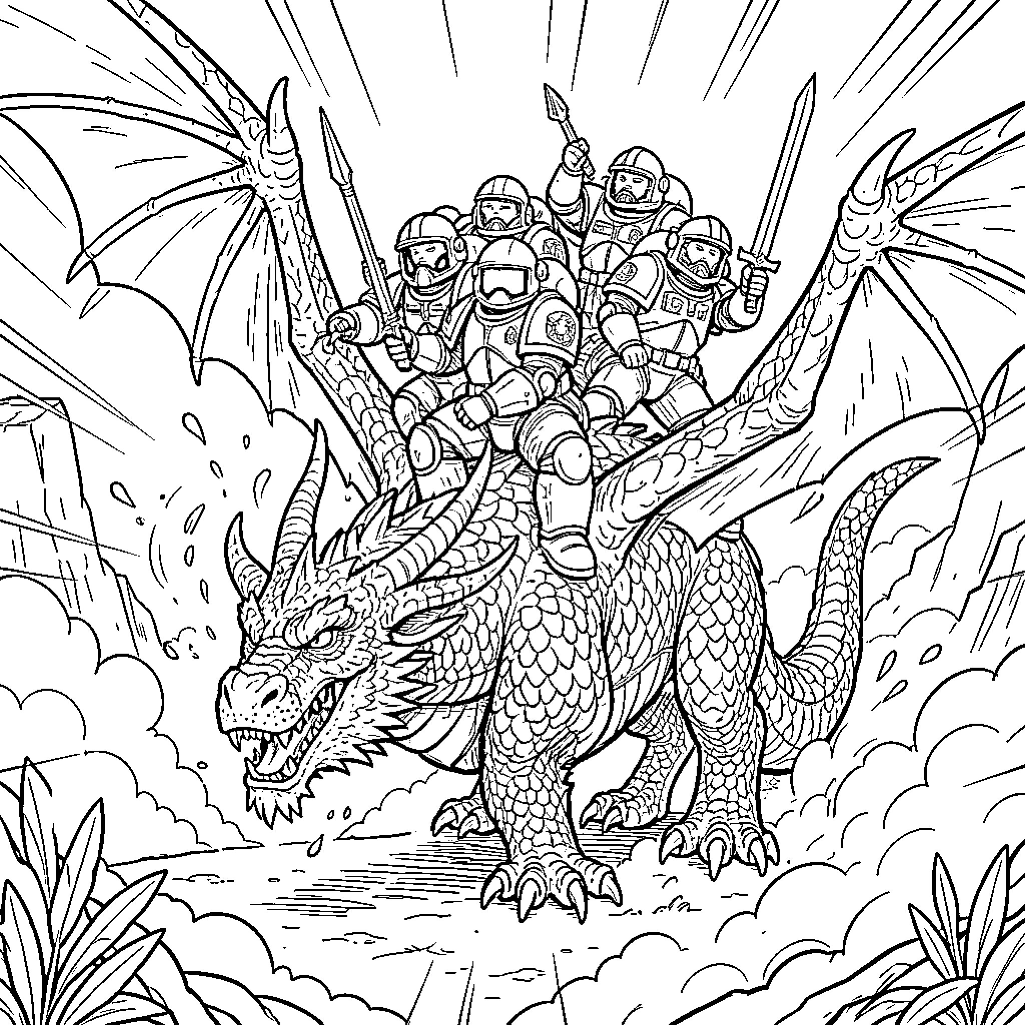 Space Marines riding a dragon into battle Coloring Page (free black-and-white line drawing printable PDF for all, from beginners to advanced learners, including children, teens, adults, and seniors)