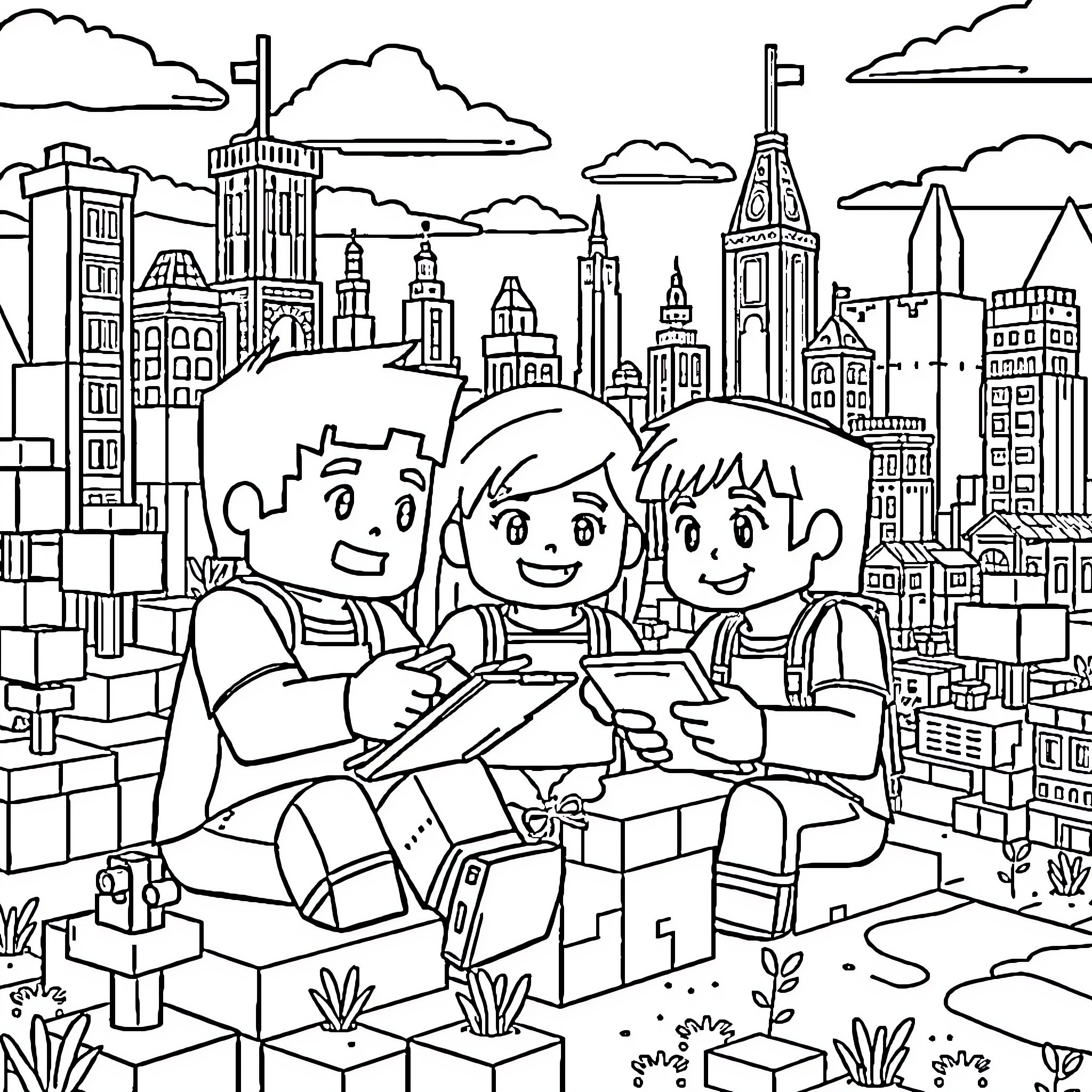 Kid Friends Exploring the City Together Coloring Page (free black-and-white line drawing printable PDF for all, from beginners to advanced learners, including children, teens, adults, and seniors)