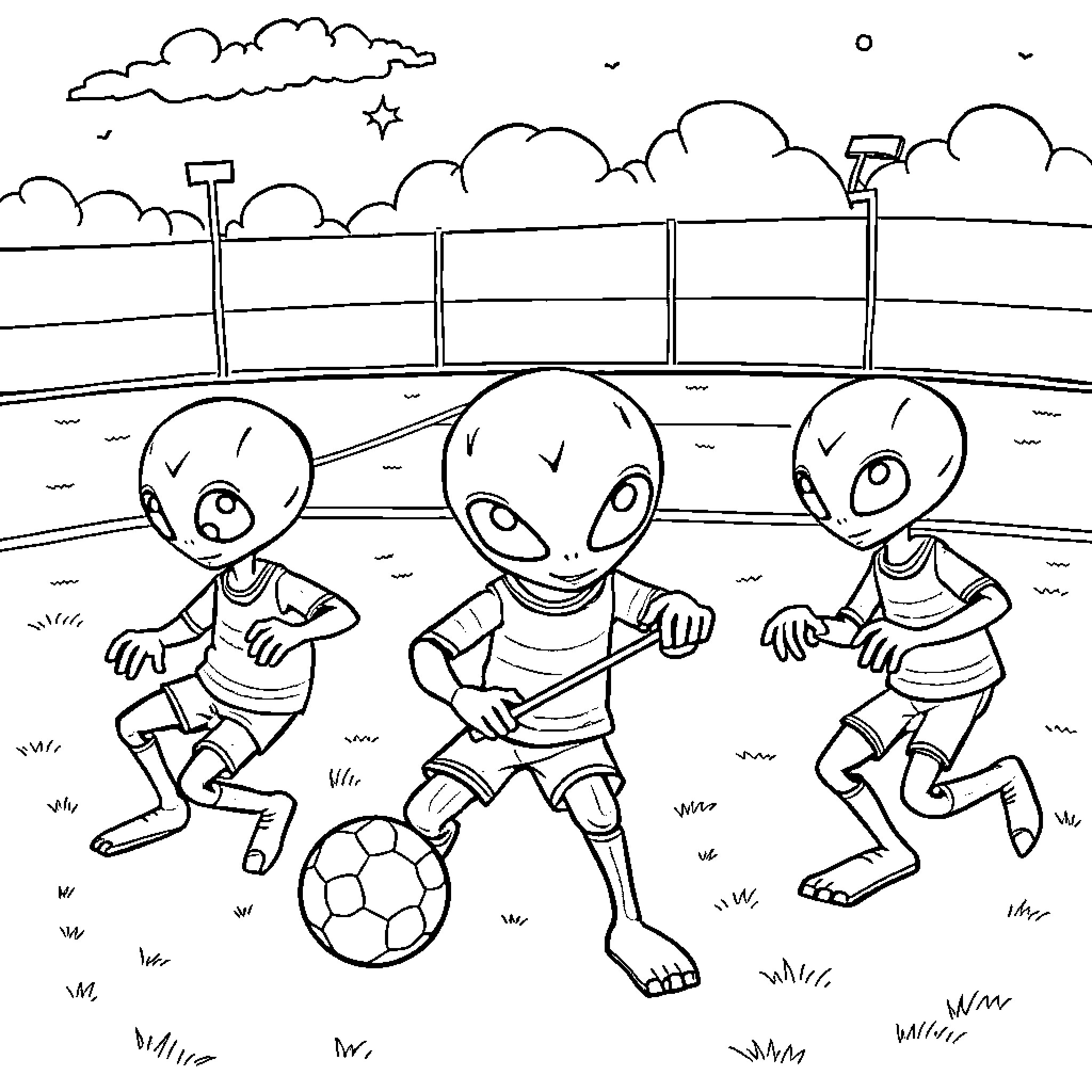 Alien kids playing soccer on a field Coloring Page (free black-and-white line drawing printable PDF for all, from beginners to advanced learners, including children, teens, adults, and seniors)