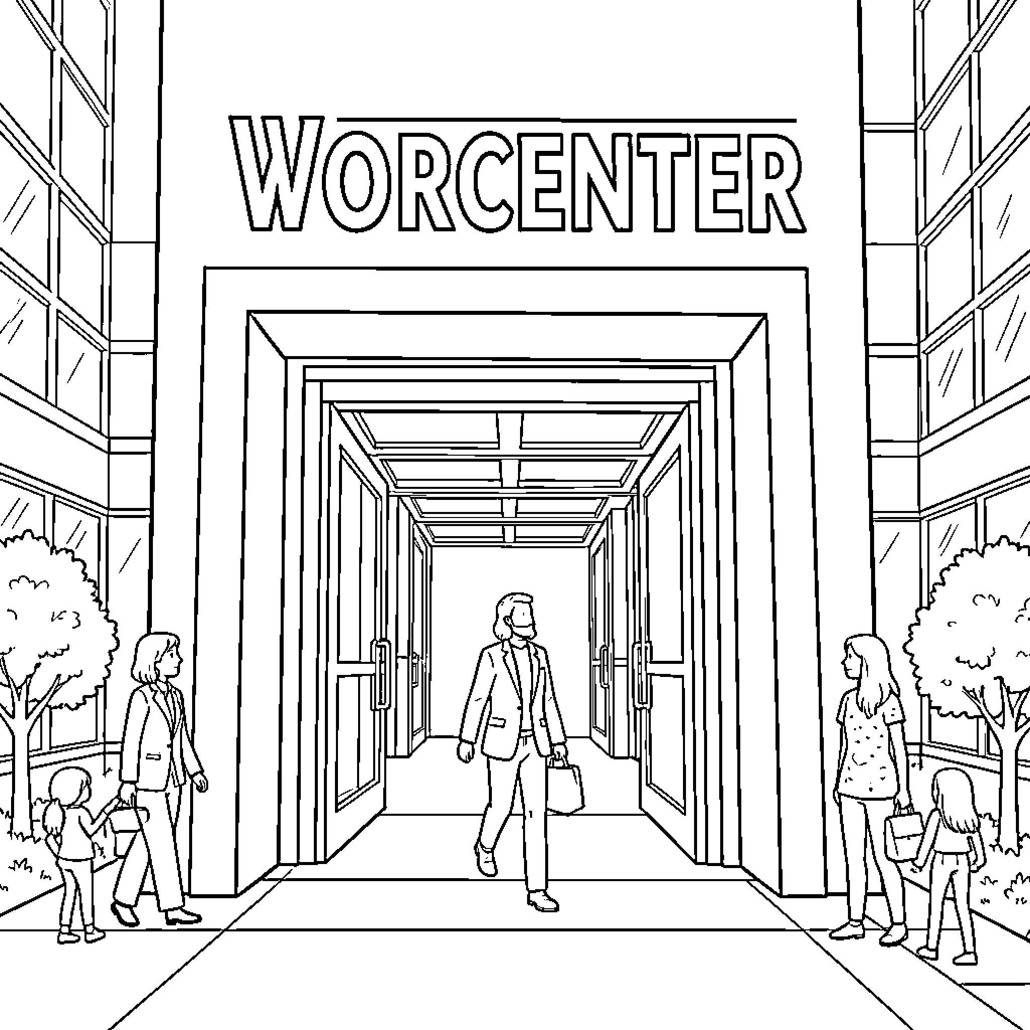 WorCenter people walking towards a modern building entrance Coloring Page (free black-and-white line drawing printable PDF for all, from beginners to advanced learners, including children, teens, adults, and seniors)