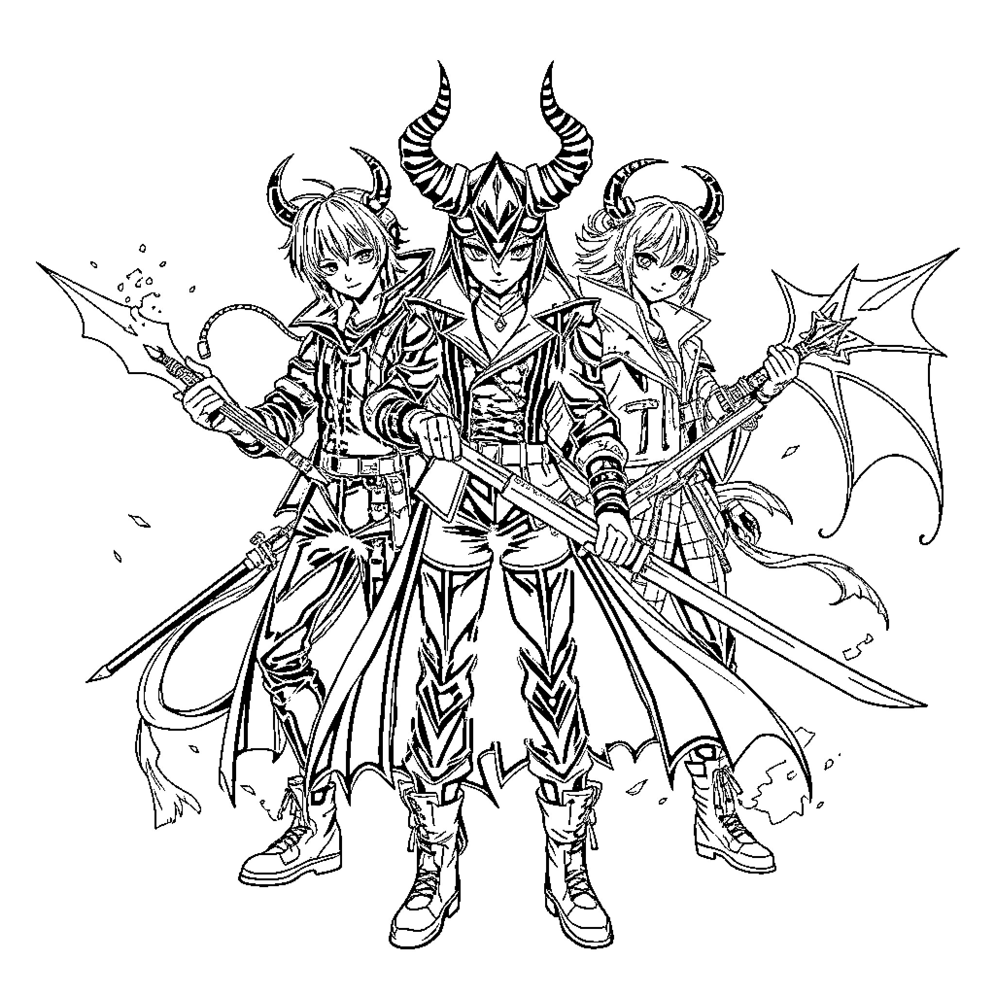 Kpop Demon Hunters in Fierce Battle Stance Coloring Page (free black-and-white line drawing printable PDF for all, from beginners to advanced learners, including children, teens, adults, and seniors)