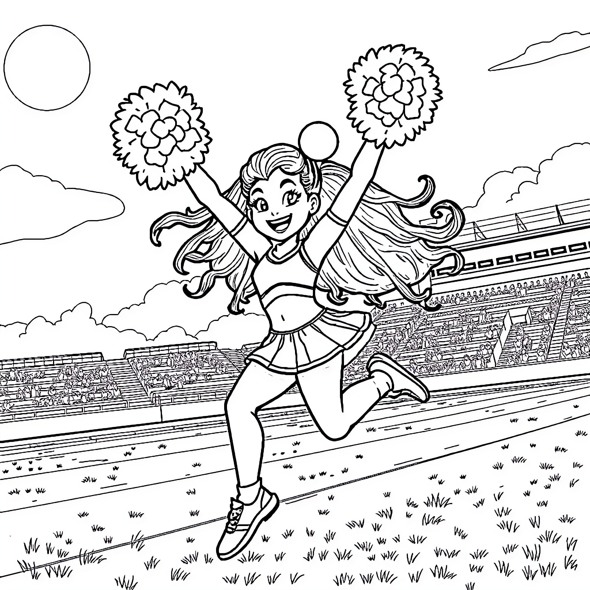 Cheerleader jumping joyfully in the stadium Coloring Page (free black-and-white line drawing printable PDF for all, from beginners to advanced learners, including children, teens, adults, and seniors)