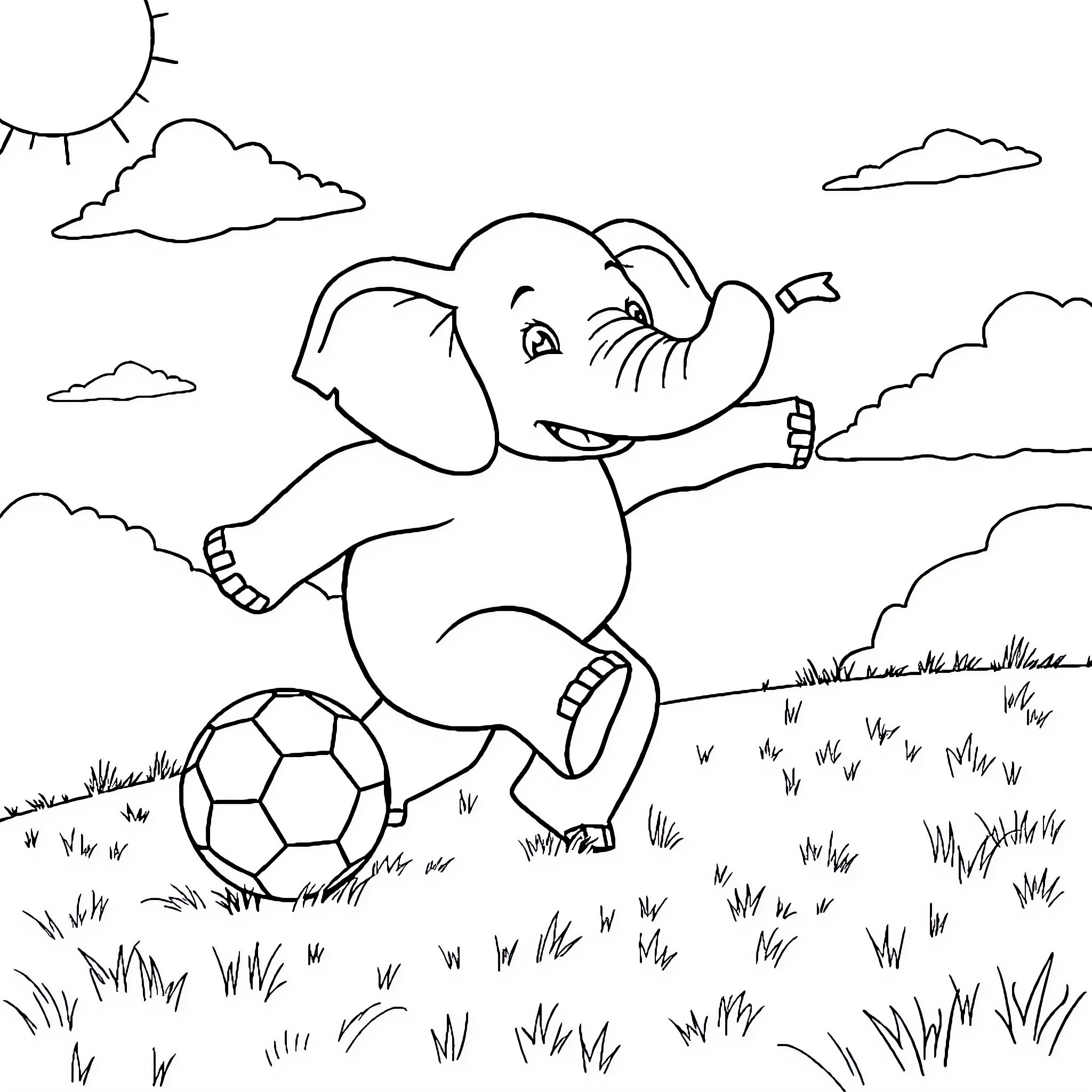 Elephant playing with soccer ball outdoors Coloring Page (free black-and-white line drawing printable PDF for all, from beginners to advanced learners, including children, teens, adults, and seniors)