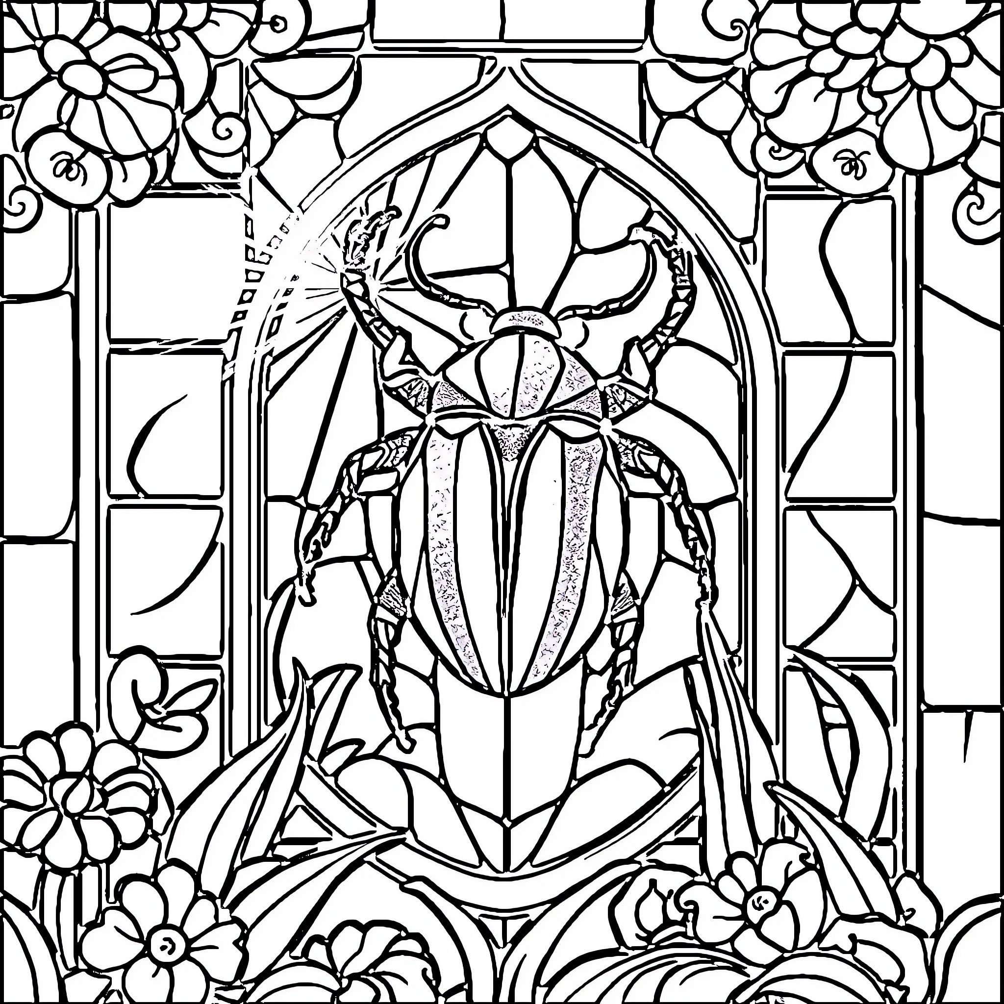 Beetle in Ornate Stained Glass Window Coloring Page (free black-and-white line drawing printable PDF for all, from beginners to advanced learners, including children, teens, adults, and seniors)