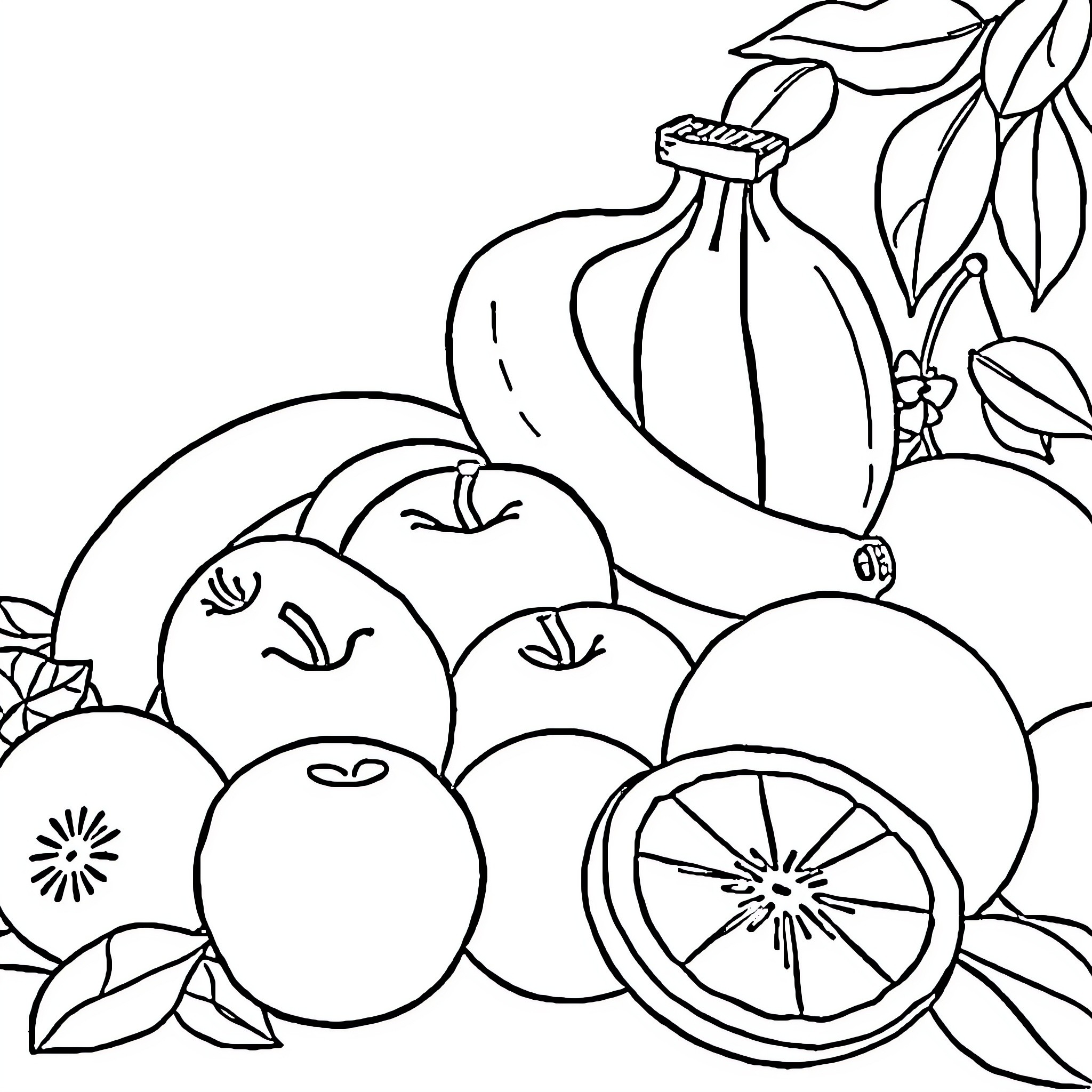 Fruit Basket with Various Produce Coloring Page (free black-and-white line drawing printable PDF for all, from beginners to advanced learners, including children, teens, adults, and seniors)