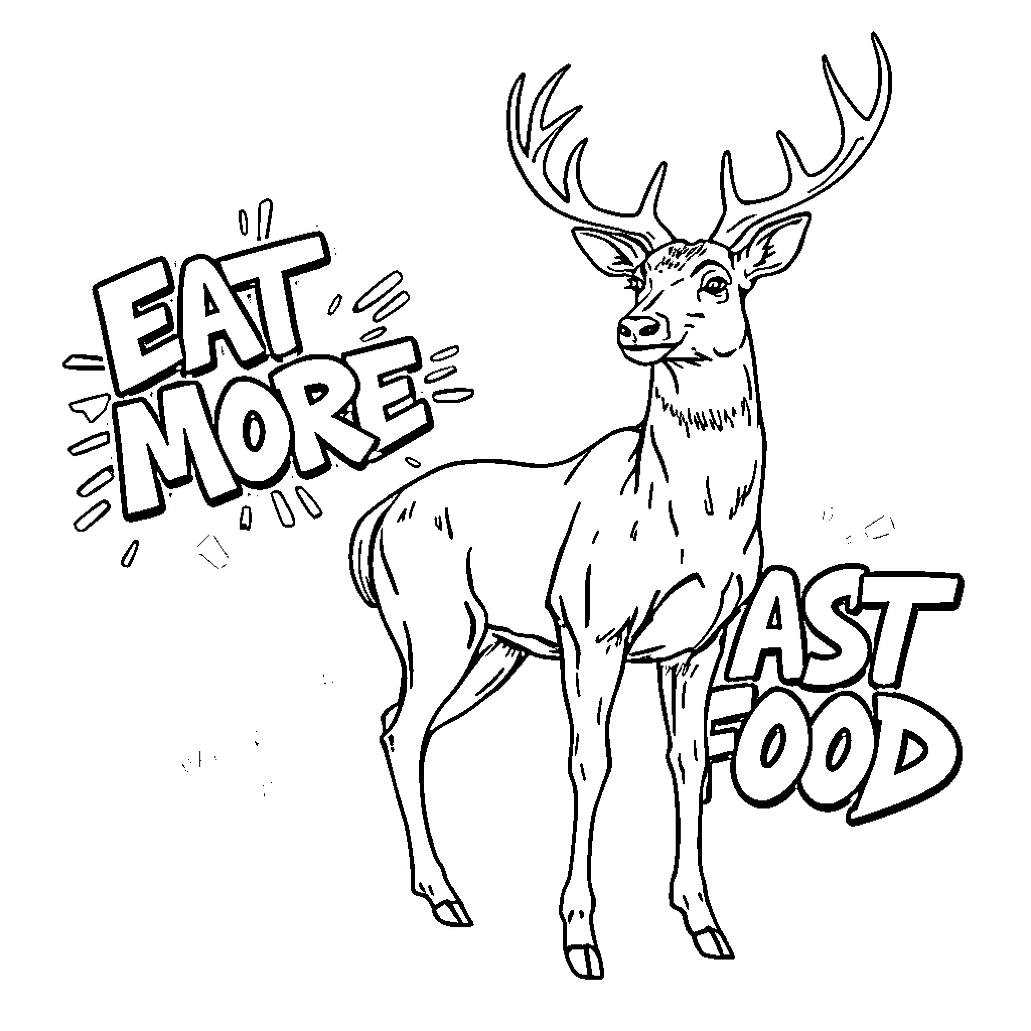 Deer encouraging viewers to eat more fast food Coloring Page (free black-and-white line drawing printable PDF for all, from beginners to advanced learners, including children, teens, adults, and seniors)