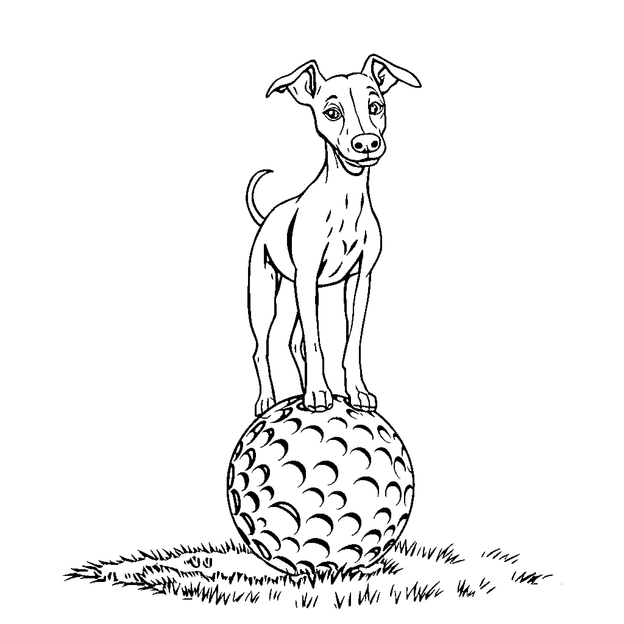 Whippet standing atop a golf ball Coloring Page (free black-and-white line drawing printable PDF for all, from beginners to advanced learners, including children, teens, adults, and seniors)