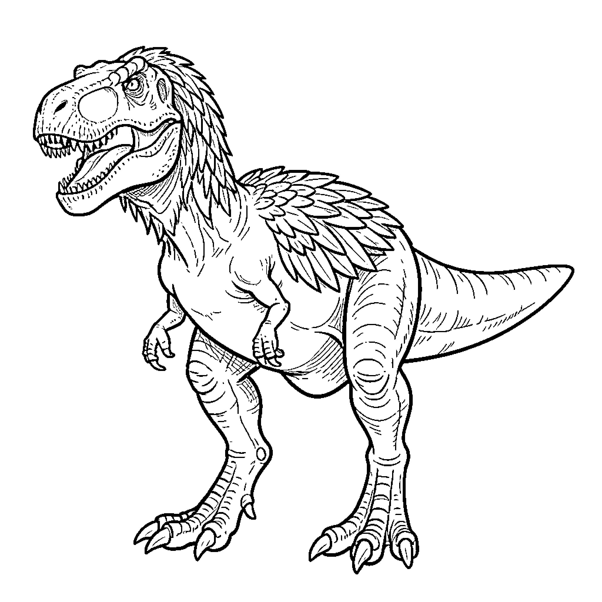 Dinosaur standing with an open mouth and feathers Coloring Page (free black-and-white line drawing printable PDF for all, from beginners to advanced learners, including children, teens, adults, and seniors)
