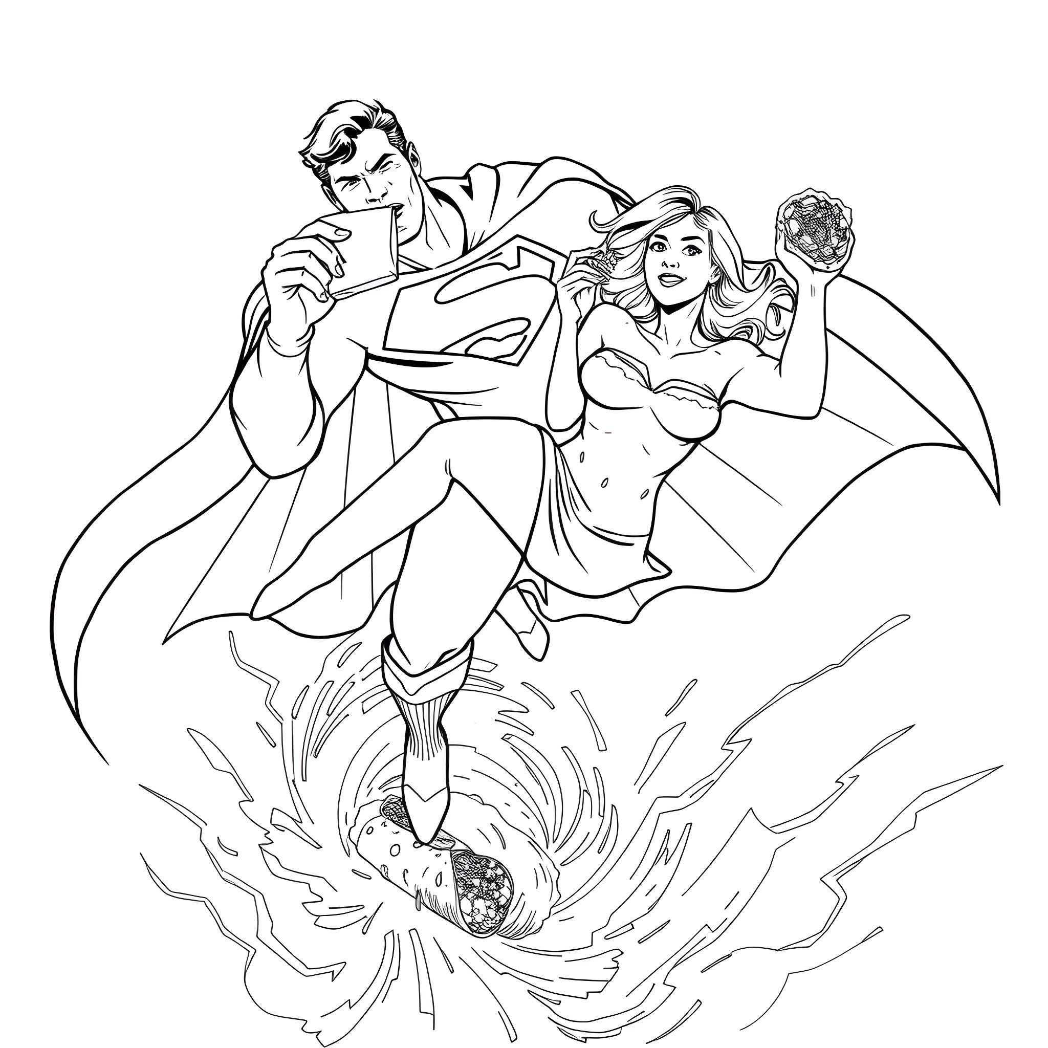 Superman rescuing a woman in distress Coloring Page (free black-and-white line drawing printable PDF for all, from beginners to advanced learners, including children, teens, adults, and seniors)