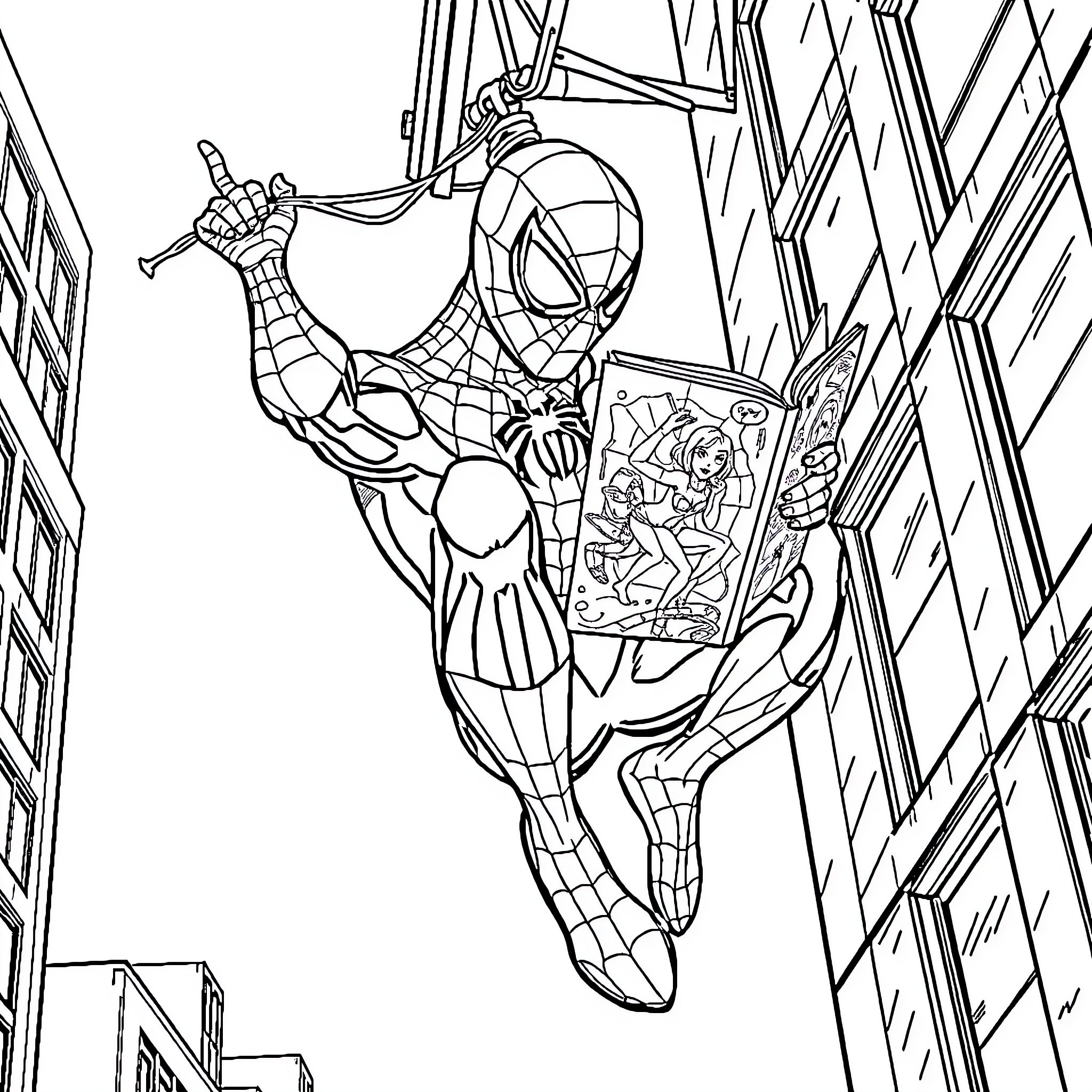 Spider-Man swinging through the city with comic book Coloring Page (free black-and-white line drawing printable PDF for all, from beginners to advanced learners, including children, teens, adults, and seniors)