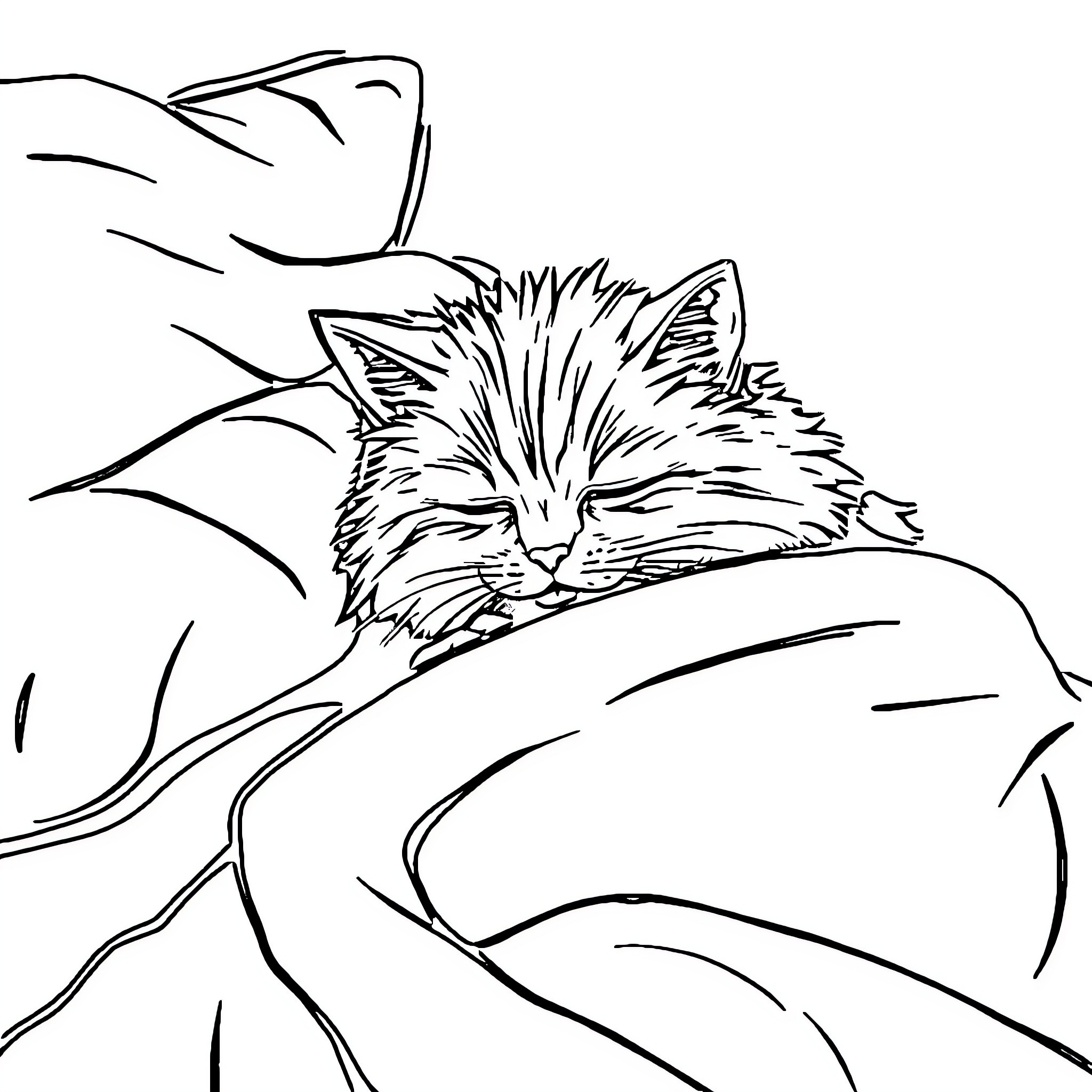 Cat napping peacefully on a cozy bed Coloring Page (free black-and-white line drawing printable PDF for all, from beginners to advanced learners, including children, teens, adults, and seniors)