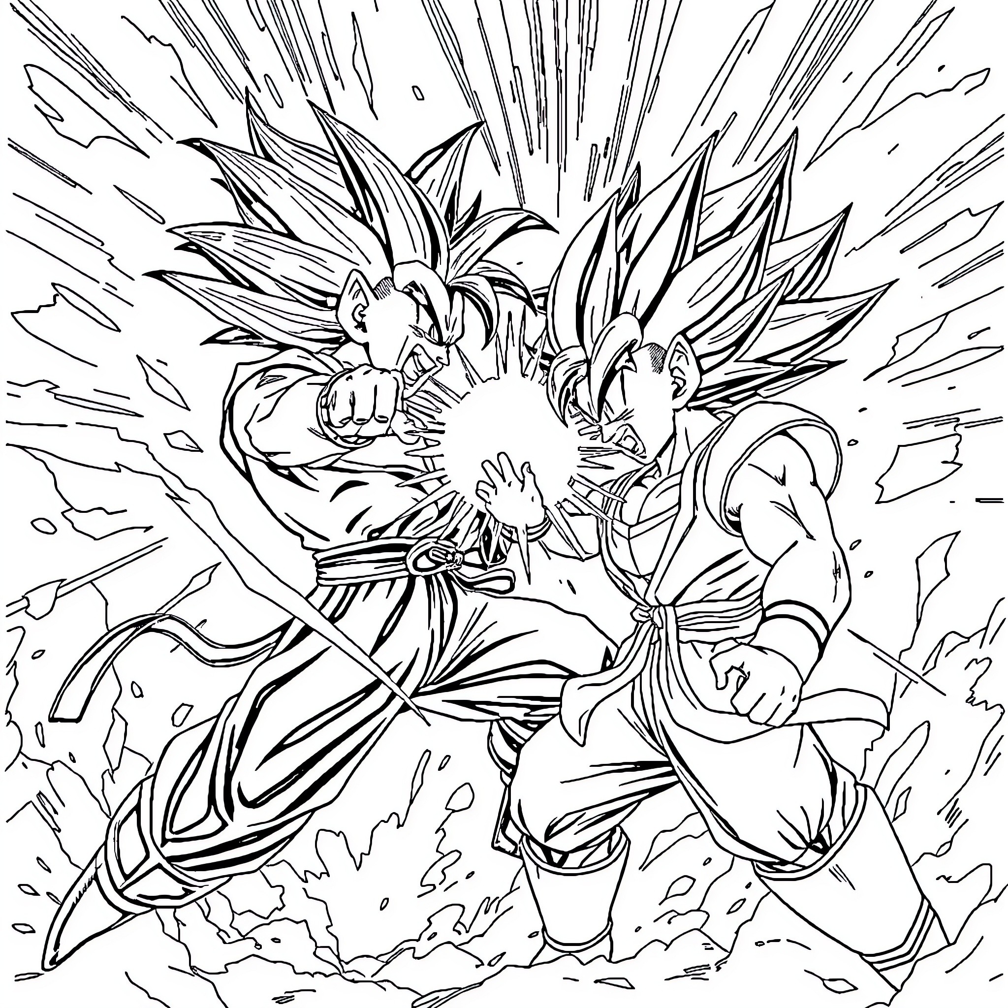 Dragon Ball: Epic Clash of Powerful Warriors Coloring Page (free black-and-white line drawing printable PDF for all, from beginners to advanced learners, including children, teens, adults, and seniors)