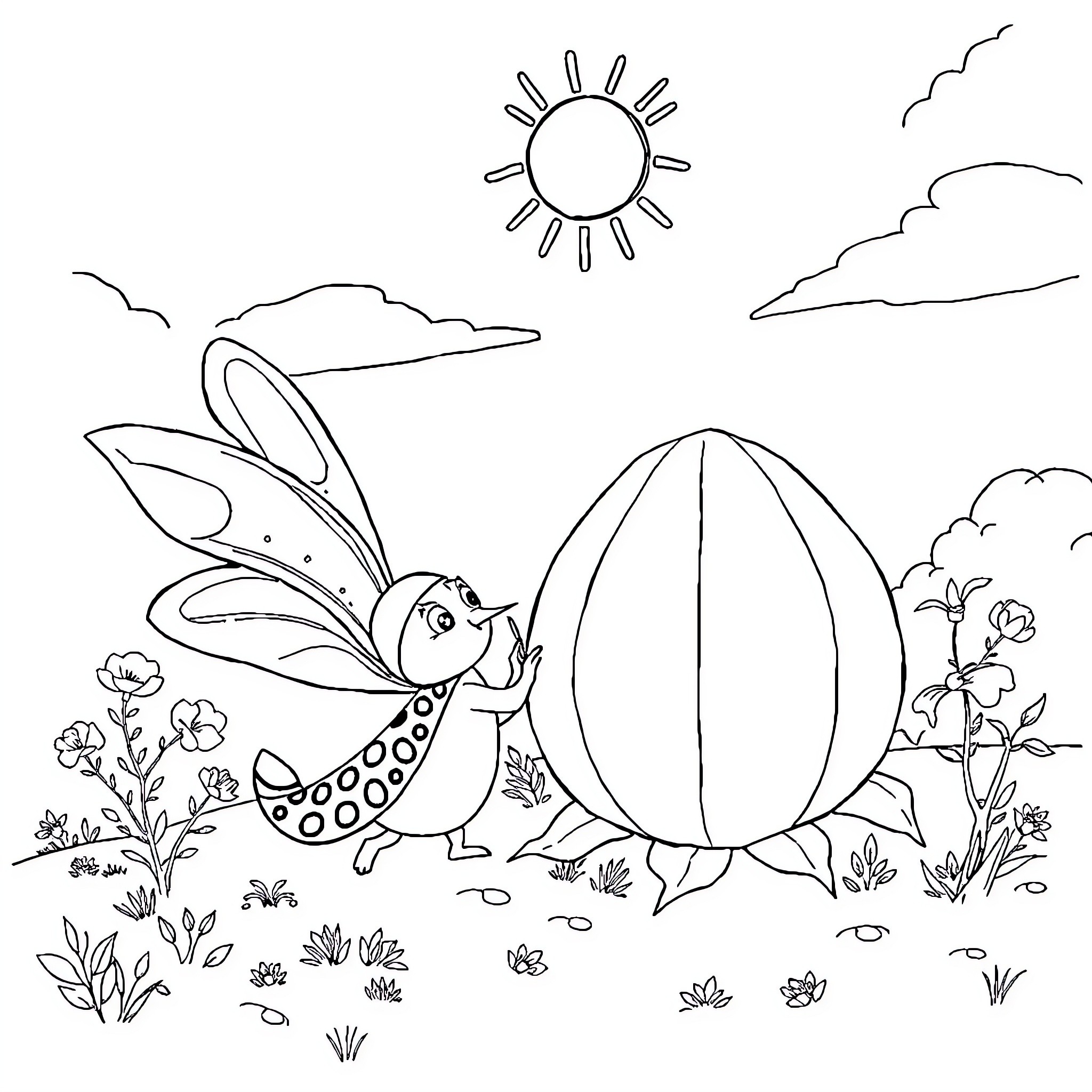 Cinderella's Enchanting Discoveries in the Meadow Coloring Page (free black-and-white line drawing printable PDF for all, from beginners to advanced learners, including children, teens, adults, and seniors)