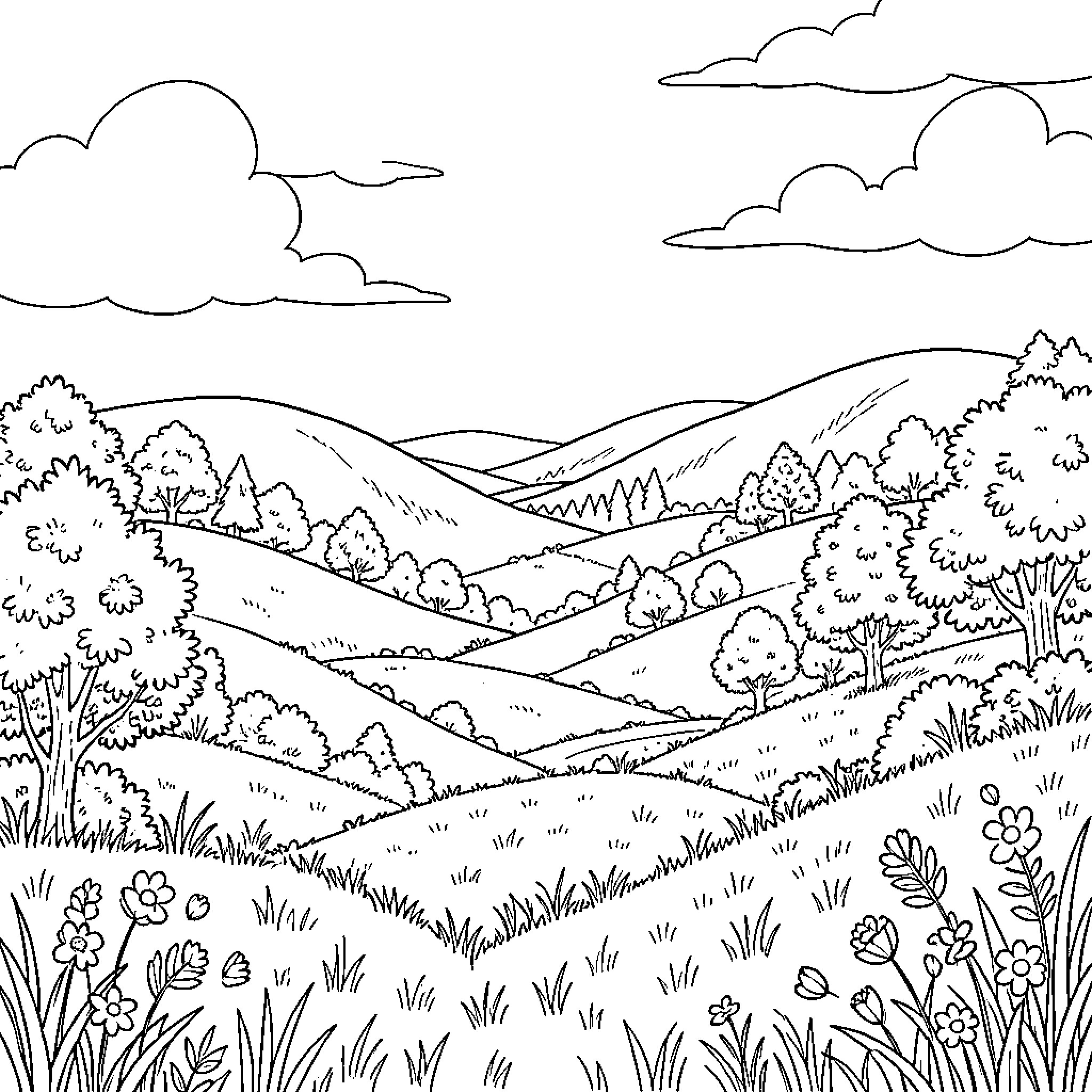 Studio Ghibli Countryside Landscape with Rolling Hills Coloring Page (free black-and-white line drawing printable PDF for all, from beginners to advanced learners, including children, teens, adults, and seniors)