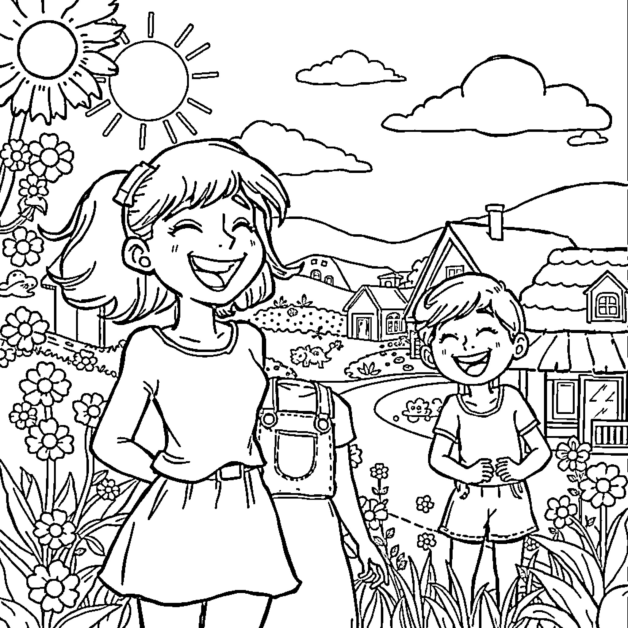 Girls enjoying a sunny day in the countryside Coloring Page (free black-and-white line drawing printable PDF for all, from beginners to advanced learners, including children, teens, adults, and seniors)