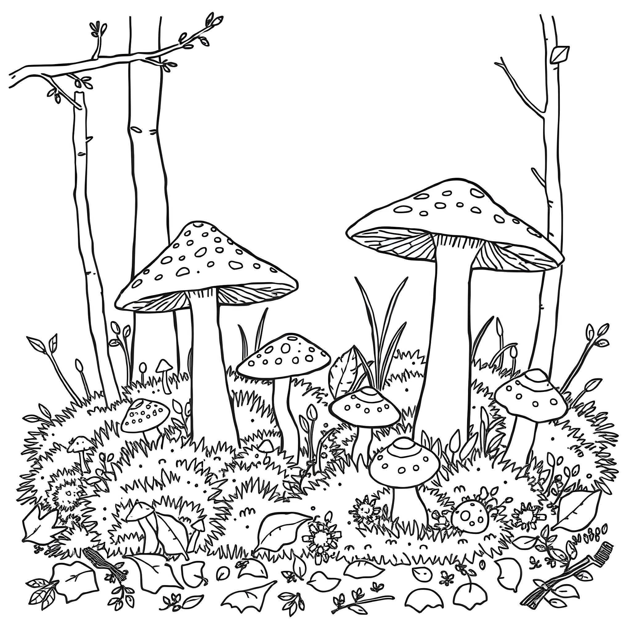 Mushroom forest with whimsical mushroom characters Coloring Page (free black-and-white line drawing printable PDF for all, from beginners to advanced learners, including children, teens, adults, and seniors)