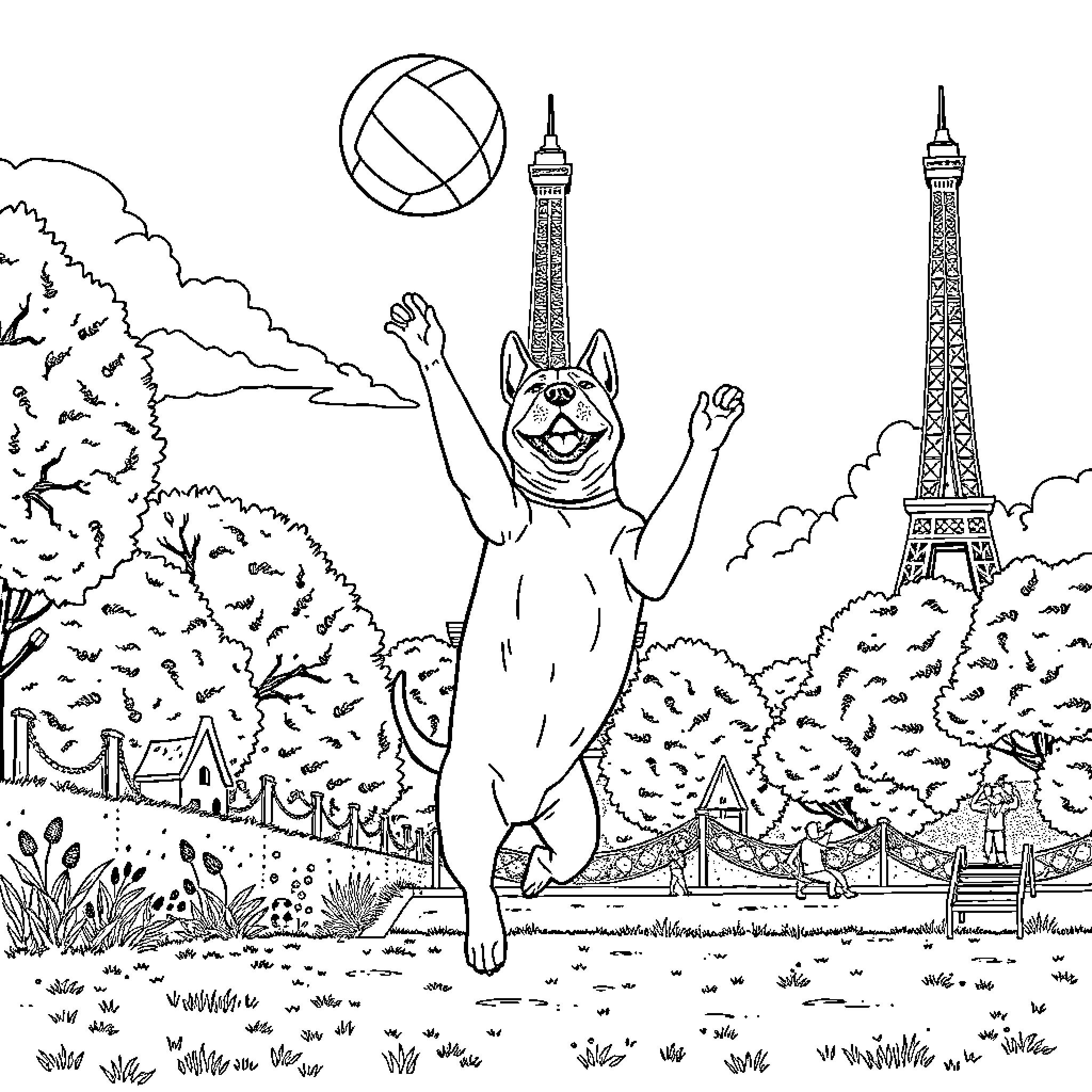 Staffy playing joyfully in Parisian landscape Coloring Page (free black-and-white line drawing printable PDF for all, from beginners to advanced learners, including children, teens, adults, and seniors)