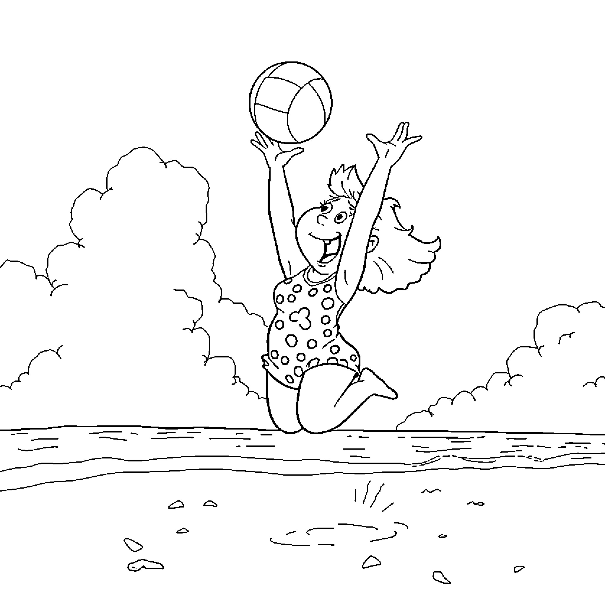 Lois happily jumping with a ball in the water Coloring Page (free black-and-white line drawing printable PDF for all, from beginners to advanced learners, including children, teens, adults, and seniors)