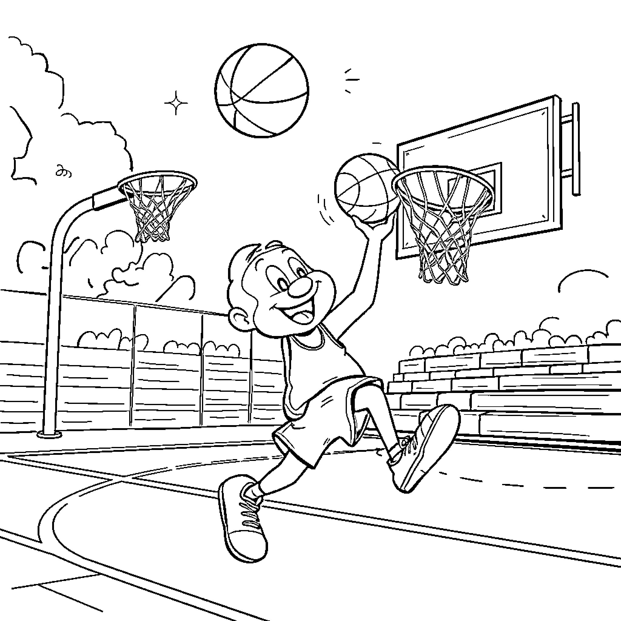 Bluey playing basketball excitedly on the court Coloring Page (free black-and-white line drawing printable PDF for all, from beginners to advanced learners, including children, teens, adults, and seniors)