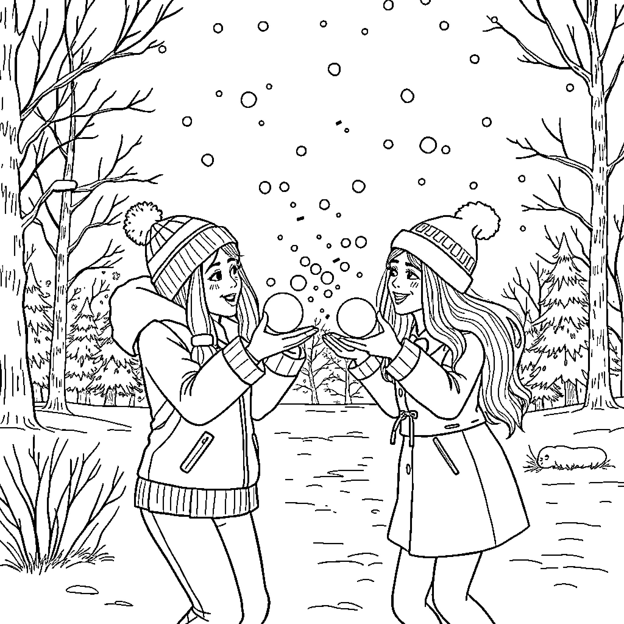 Sabrina Carpenter Enjoying Snowball Fight with Friend in Snowy Forest Coloring Page (free black-and-white line drawing printable PDF for all, from beginners to advanced learners, including children, teens, adults, and seniors)