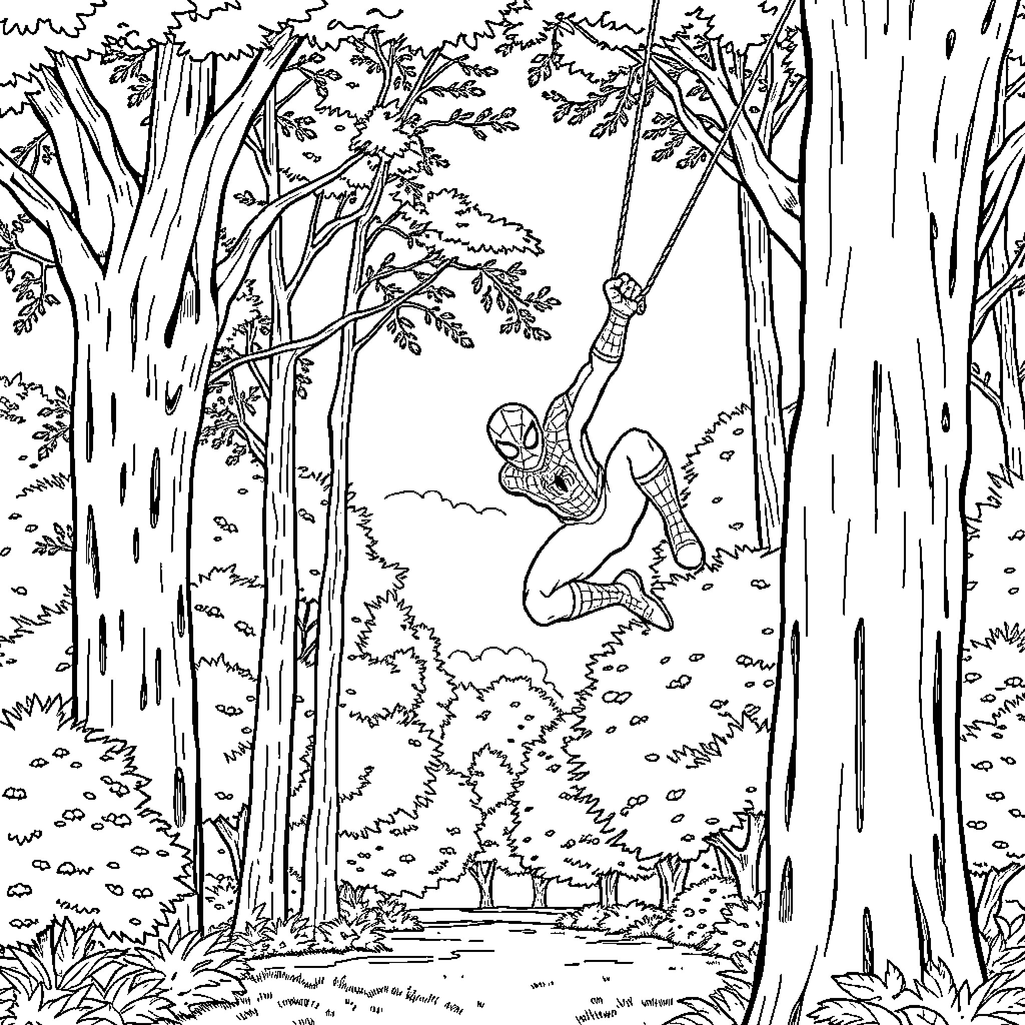 Spiderman swinging through a lush forest Coloring Page (free black-and-white line drawing printable PDF for all, from beginners to advanced learners, including children, teens, adults, and seniors)