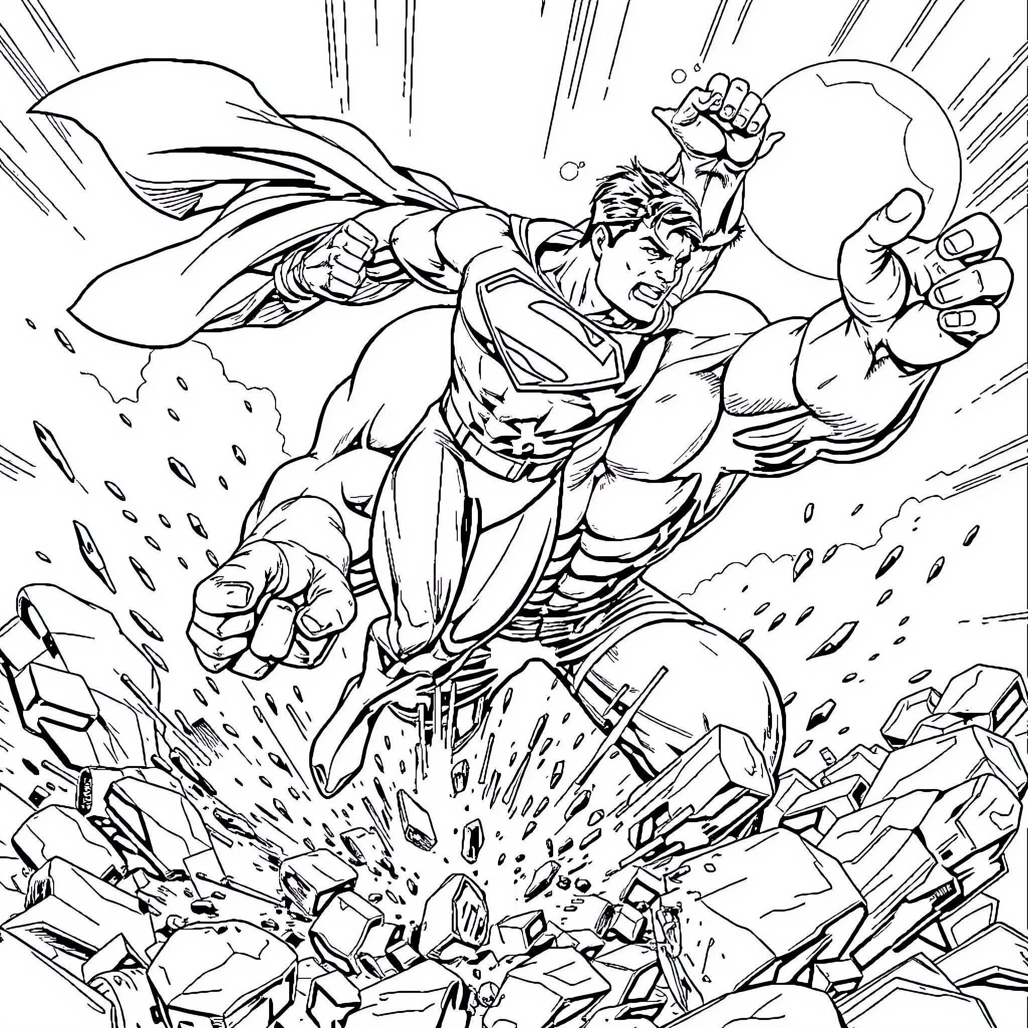 Superman breaking through obstacles with might Coloring Page (free black-and-white line drawing printable PDF for all, from beginners to advanced learners, including children, teens, adults, and seniors)
