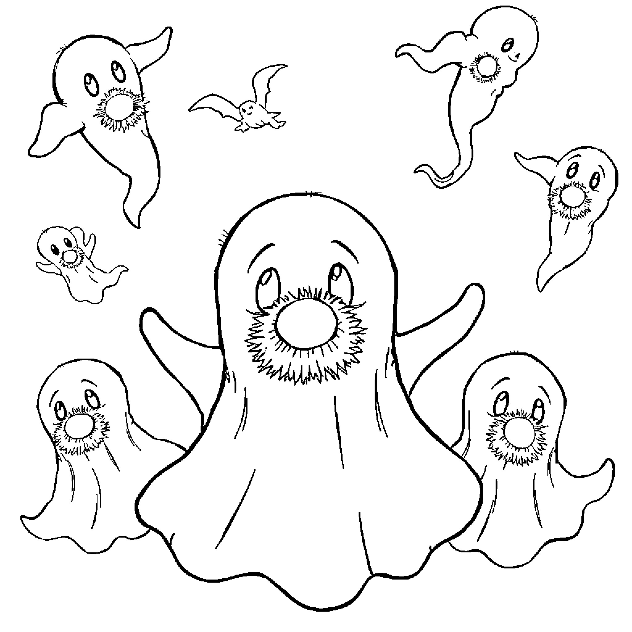 Ghost friends having a playful gathering Coloring Page (free black-and-white line drawing printable PDF for all, from beginners to advanced learners, including children, teens, adults, and seniors)