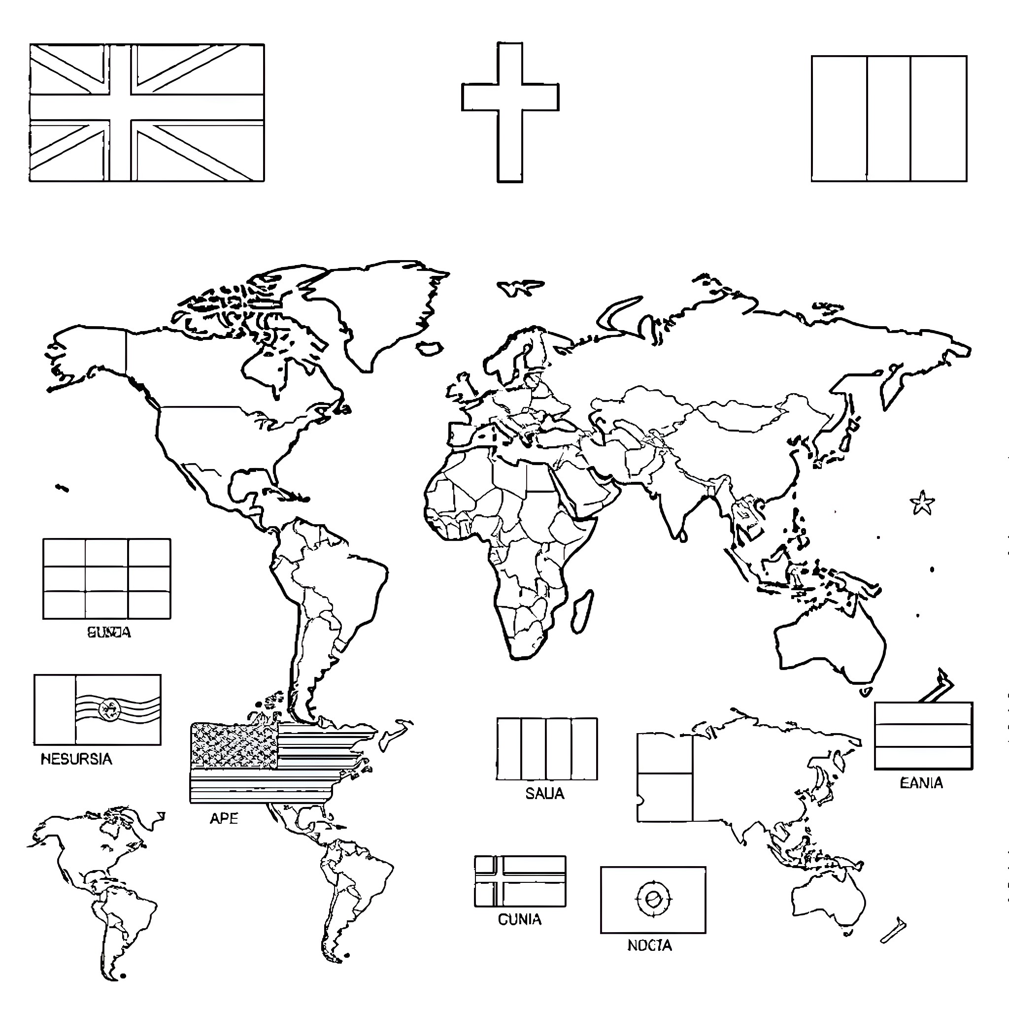 Mission to Explore Diverse Flags and Symbols Around the World Coloring Page (free black-and-white line drawing printable PDF for all, from beginners to advanced learners, including children, teens, adults, and seniors)