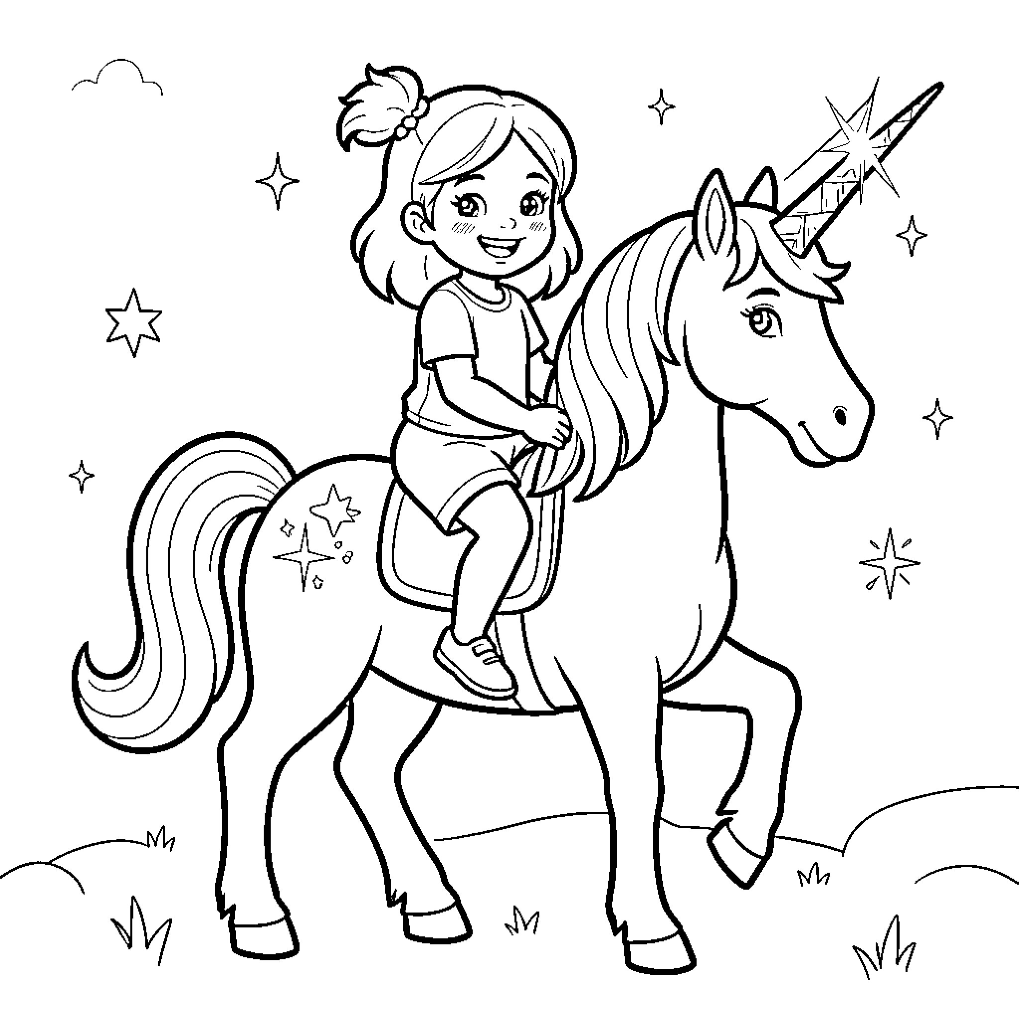 Unicorn Adventure with a Smiling Girl Coloring Page (free black-and-white line drawing printable PDF for all, from beginners to advanced learners, including children, teens, adults, and seniors)