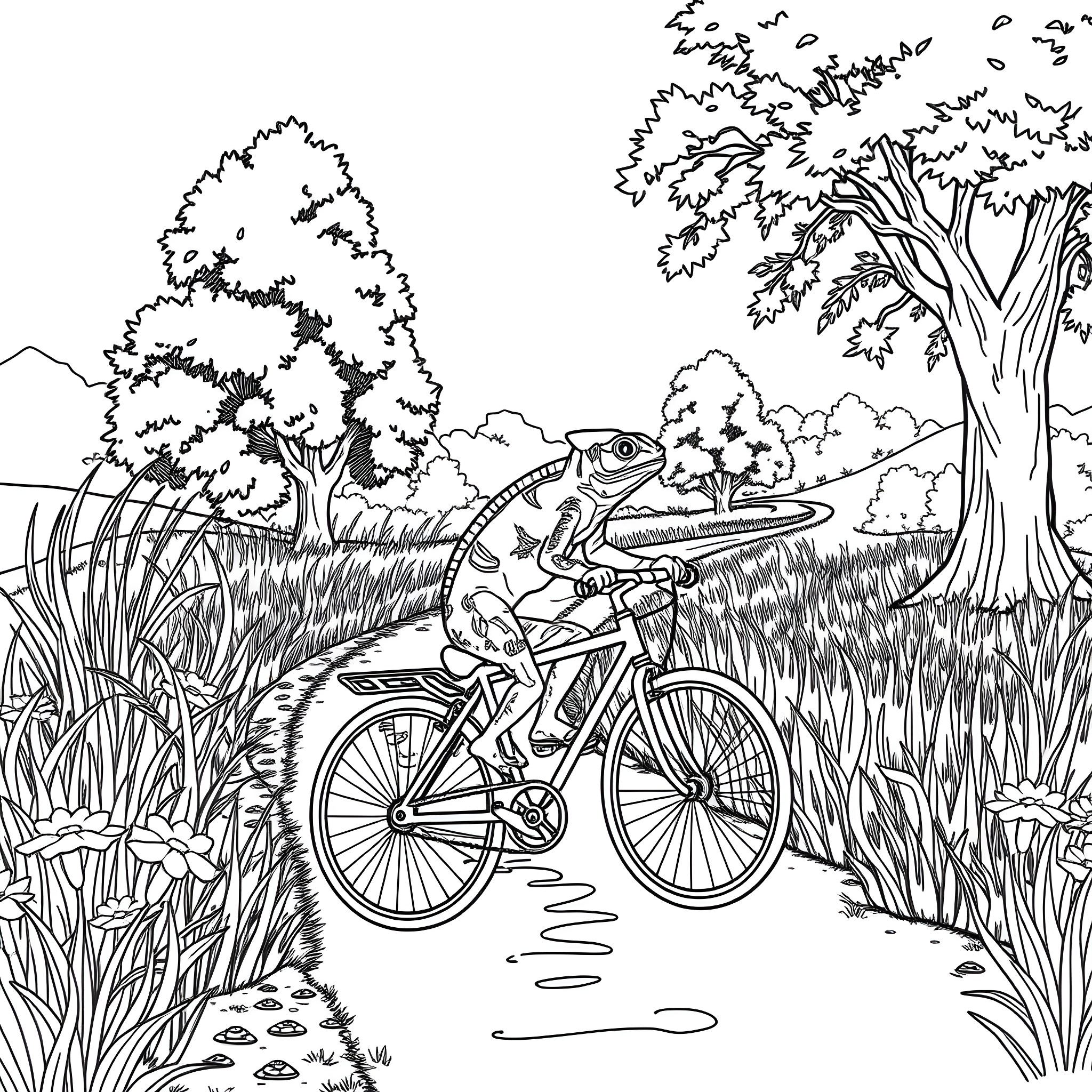 Chameleon riding a bicycle in a nature scene Coloring Page (free black-and-white line drawing printable PDF for all, from beginners to advanced learners, including children, teens, adults, and seniors)