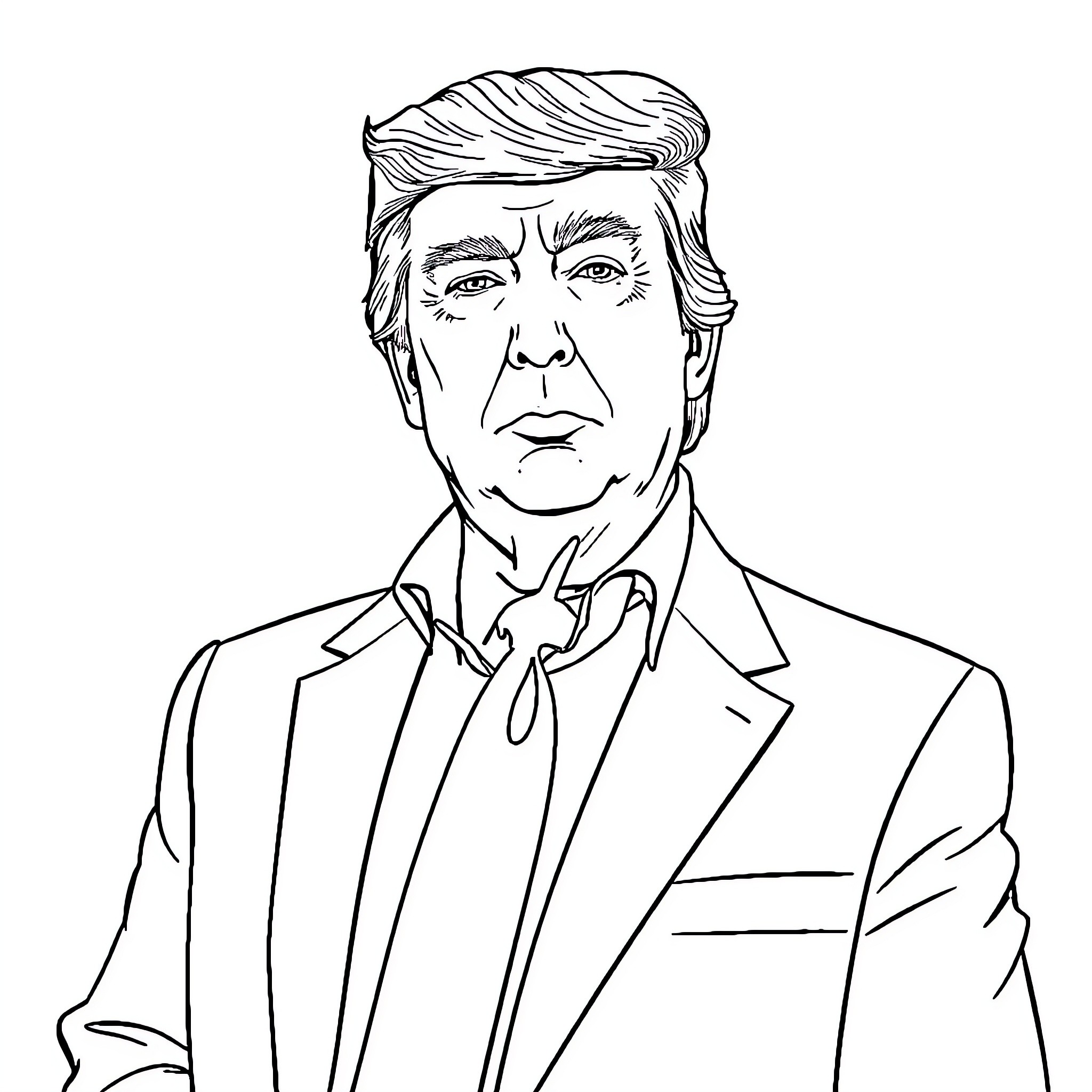 Trump in a Formal Suit and Tie Coloring Page (free black-and-white line drawing printable PDF for all, from beginners to advanced learners, including children, teens, adults, and seniors)