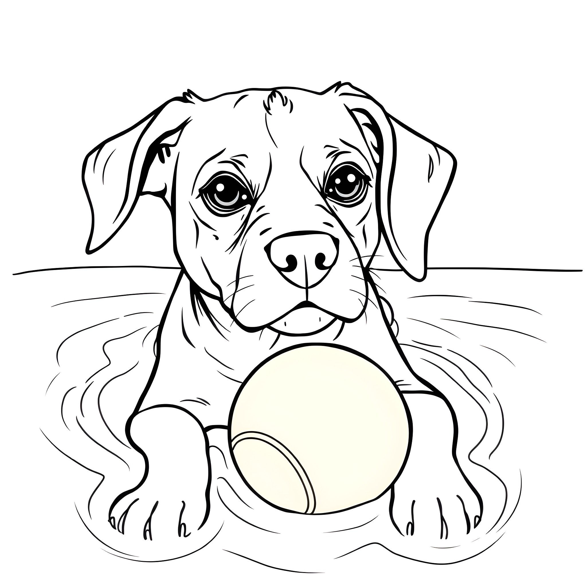 Beagle puppy playing with ball in water Coloring Page (free black-and-white line drawing printable PDF for all, from beginners to advanced learners, including children, teens, adults, and seniors)