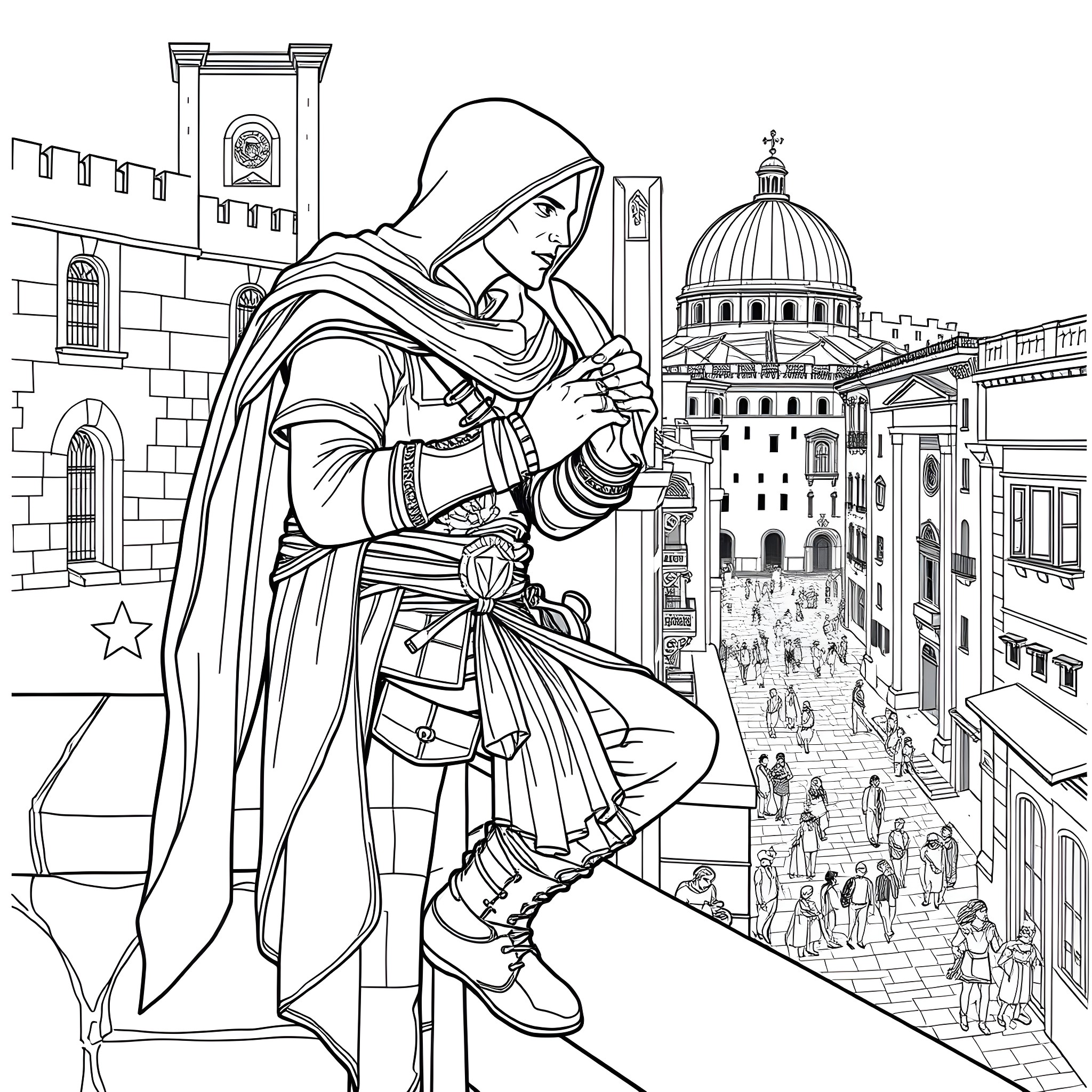 Ezio's Assassin Journey through the City Coloring Page (free black-and-white line drawing printable PDF for all, from beginners to advanced learners, including children, teens, adults, and seniors)