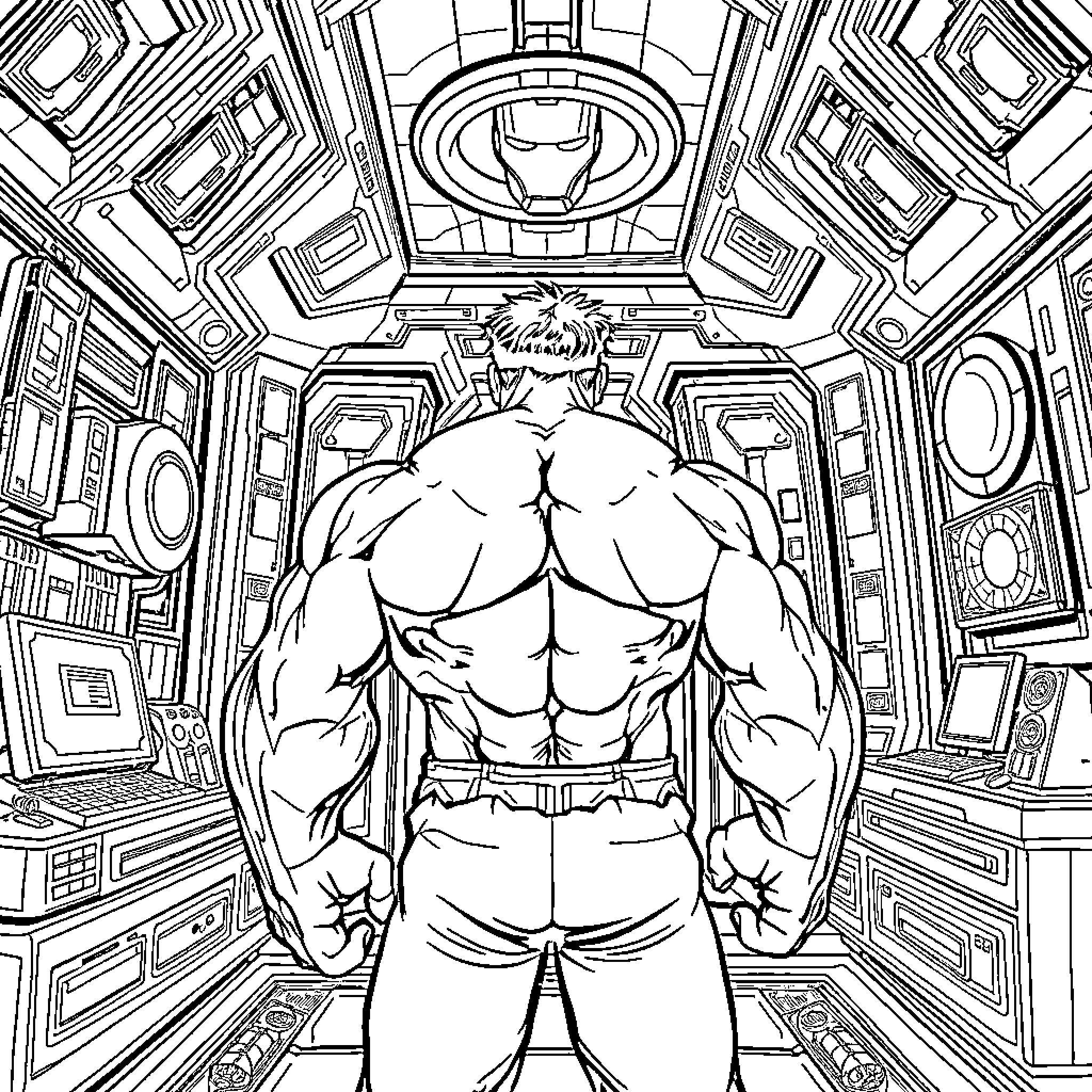 Hulk unleashing his power in a futuristic control room Coloring Page (free black-and-white line drawing printable PDF for all, from beginners to advanced learners, including children, teens, adults, and seniors)