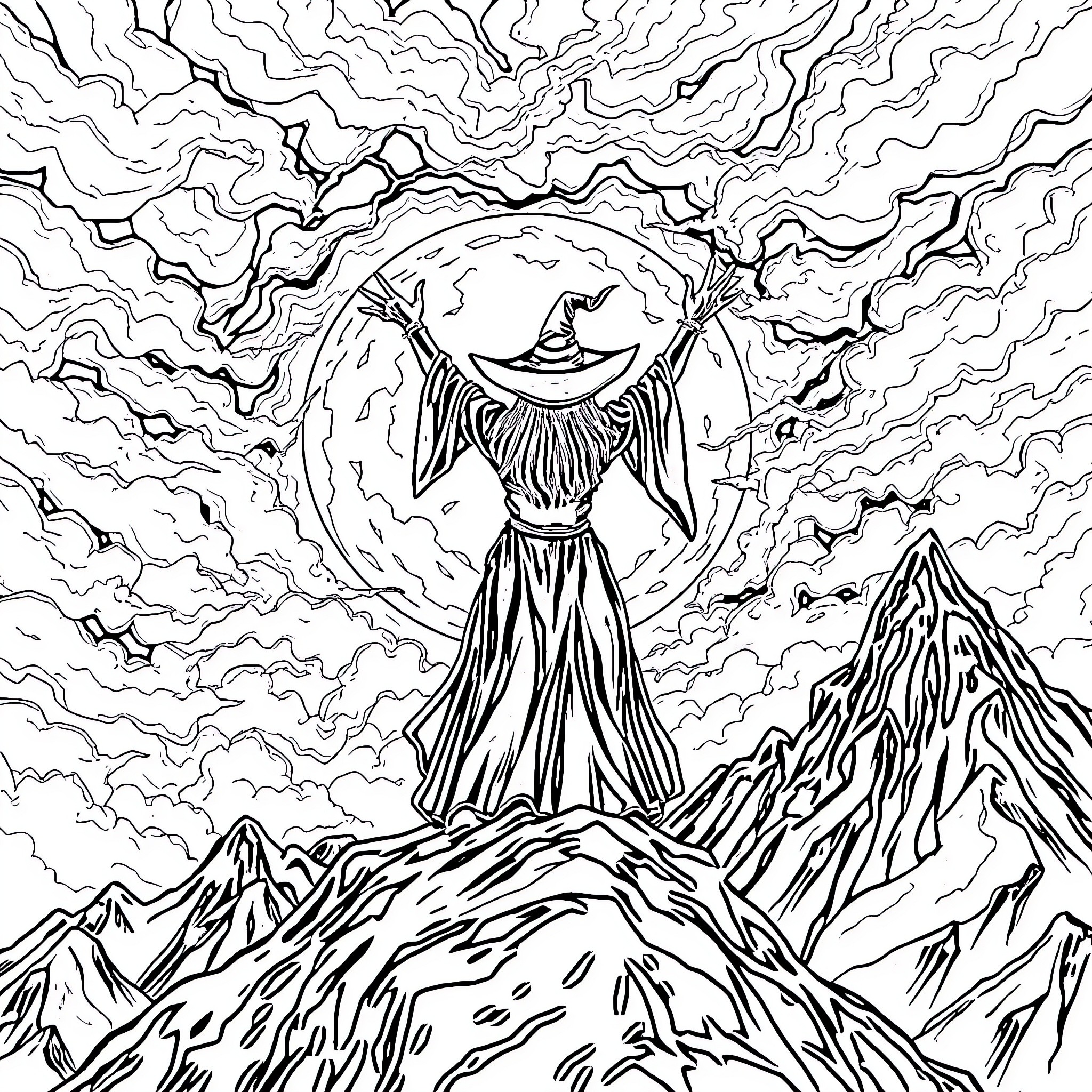 Witch dancing amidst the mountains and clouds Coloring Page (free black-and-white line drawing printable PDF for all, from beginners to advanced learners, including children, teens, adults, and seniors)