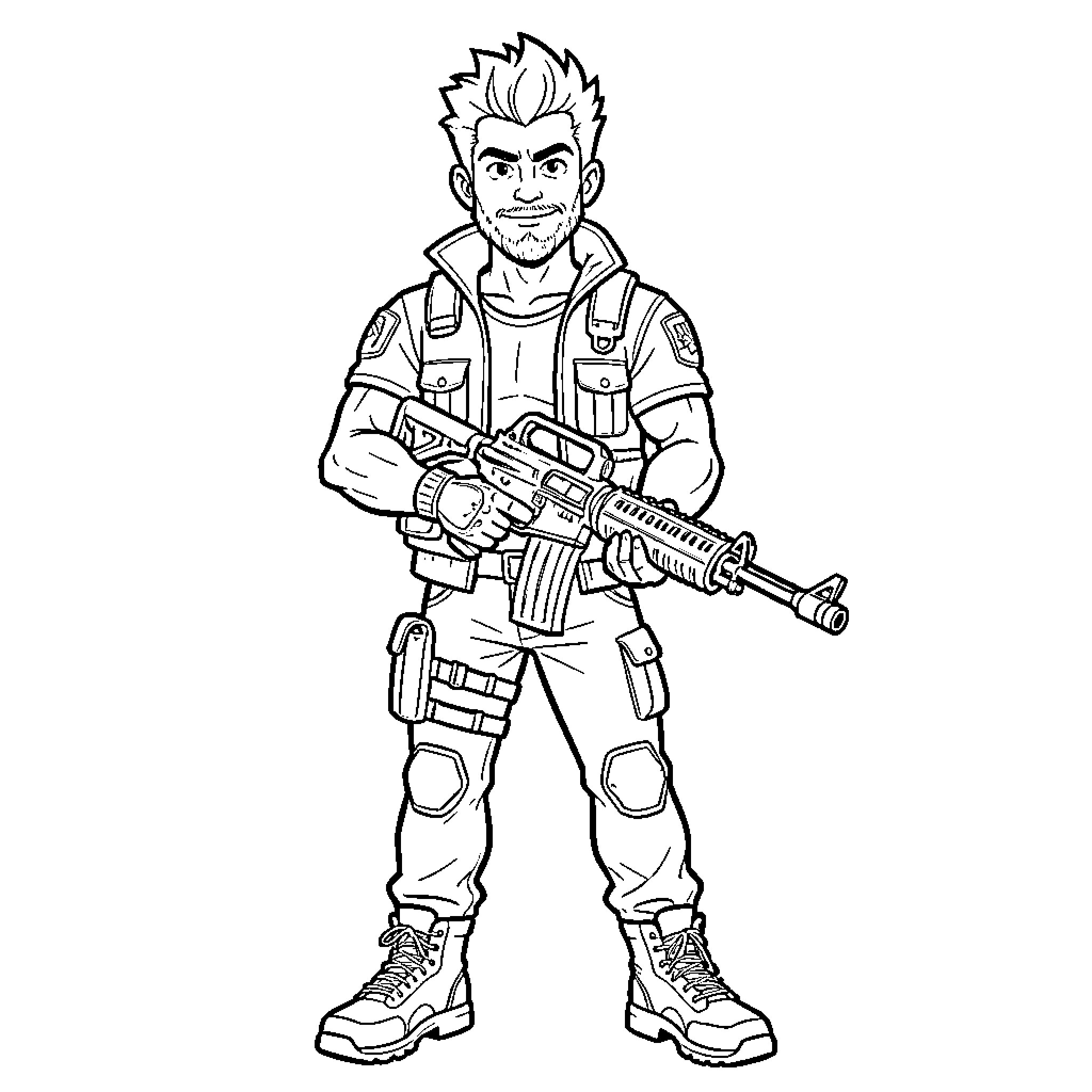 Jax standing confidently holding a tactical rifle Coloring Page (free black-and-white line drawing printable PDF for all, from beginners to advanced learners, including children, teens, adults, and seniors)